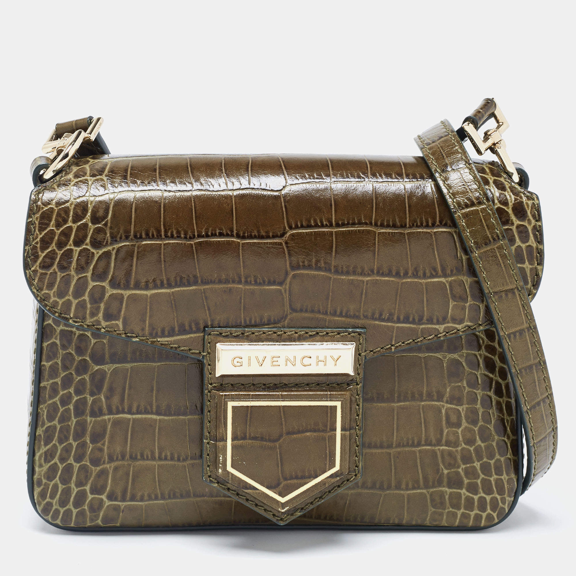Pre Owned Givenchy Green Croc Embossed Leather Nobile Crossbody Bag