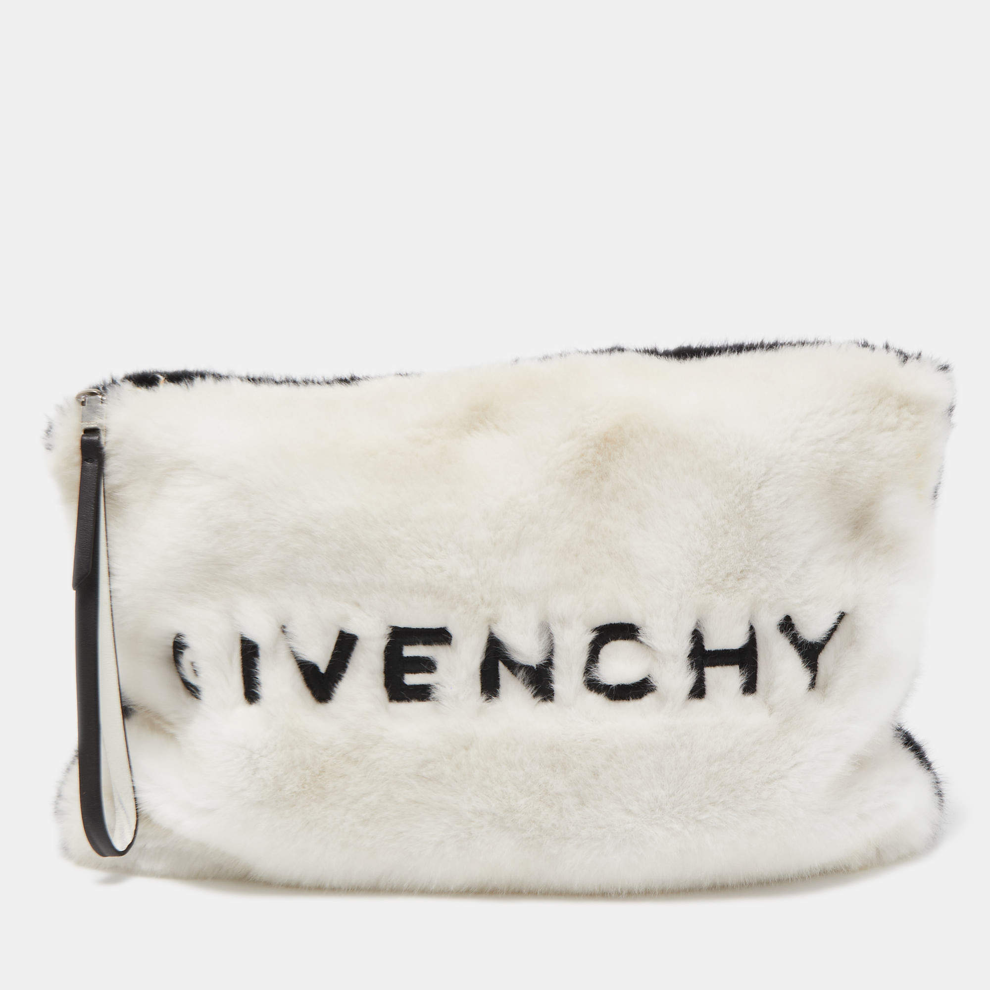 Pre Owned Givenchy White/Black Faux Fur GV3 Wristlet Pouch