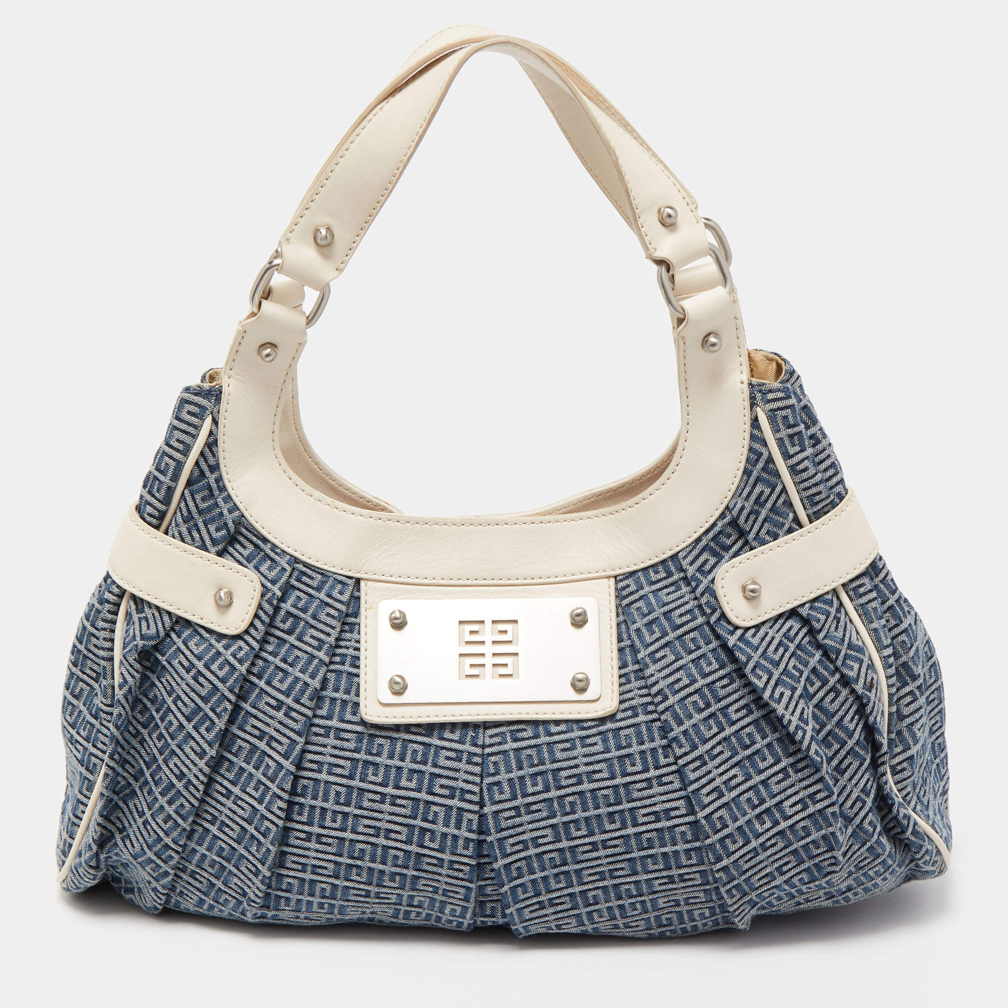 Pre Owned Givenchy Blue/White Monogram Denim and Leather Pleated Hobo