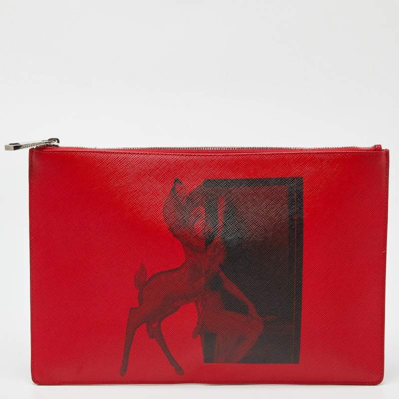 Pre Owned Givenchy Red Print Leather Flat Zip Pouch