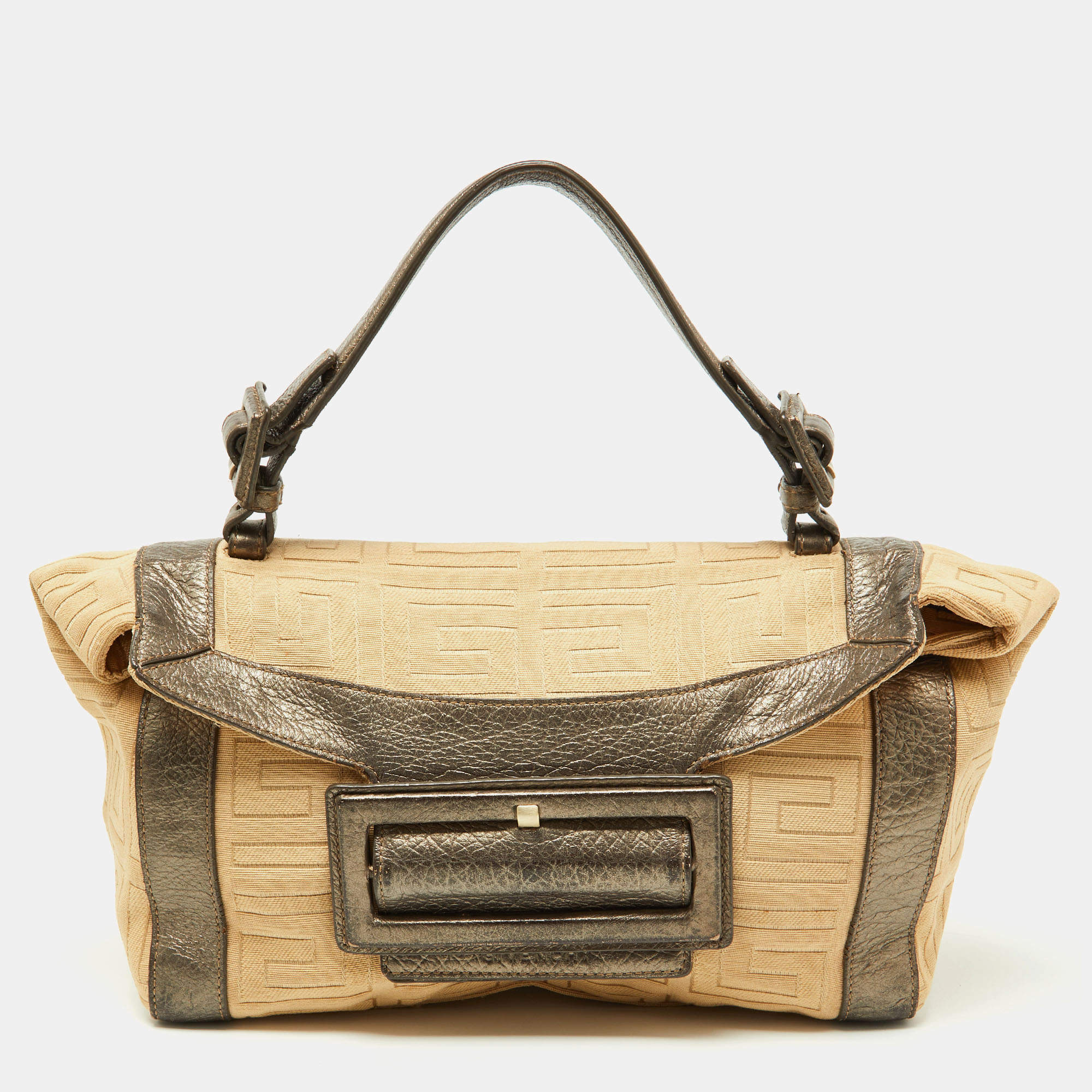 مملوكة مسبقًا حقيبة جيفنشي جلد وكانفاس بنية ميتالك وكريمية