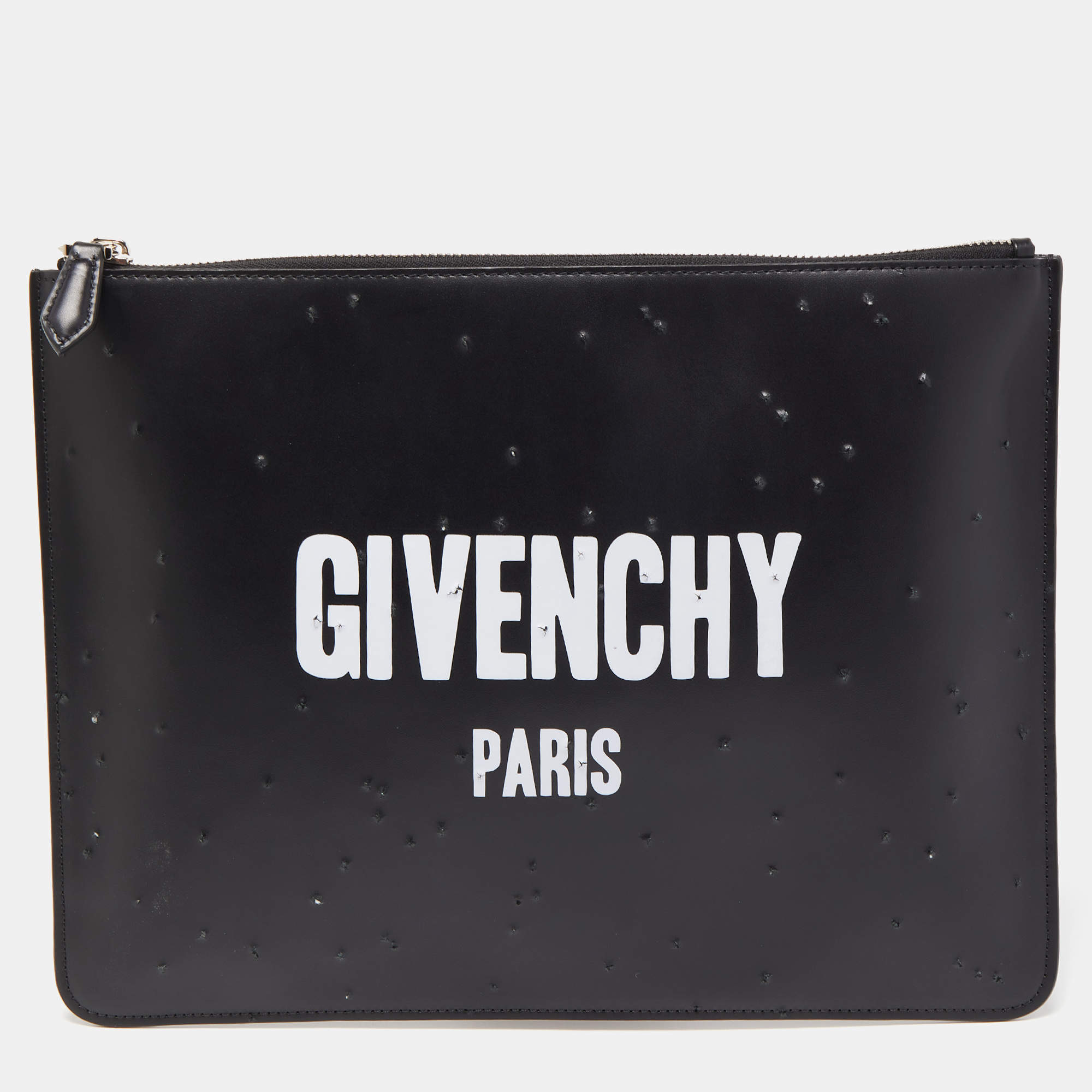 Pre Owned Givenchy Black/Logo  Leather Distressed Logo Zip Pouch