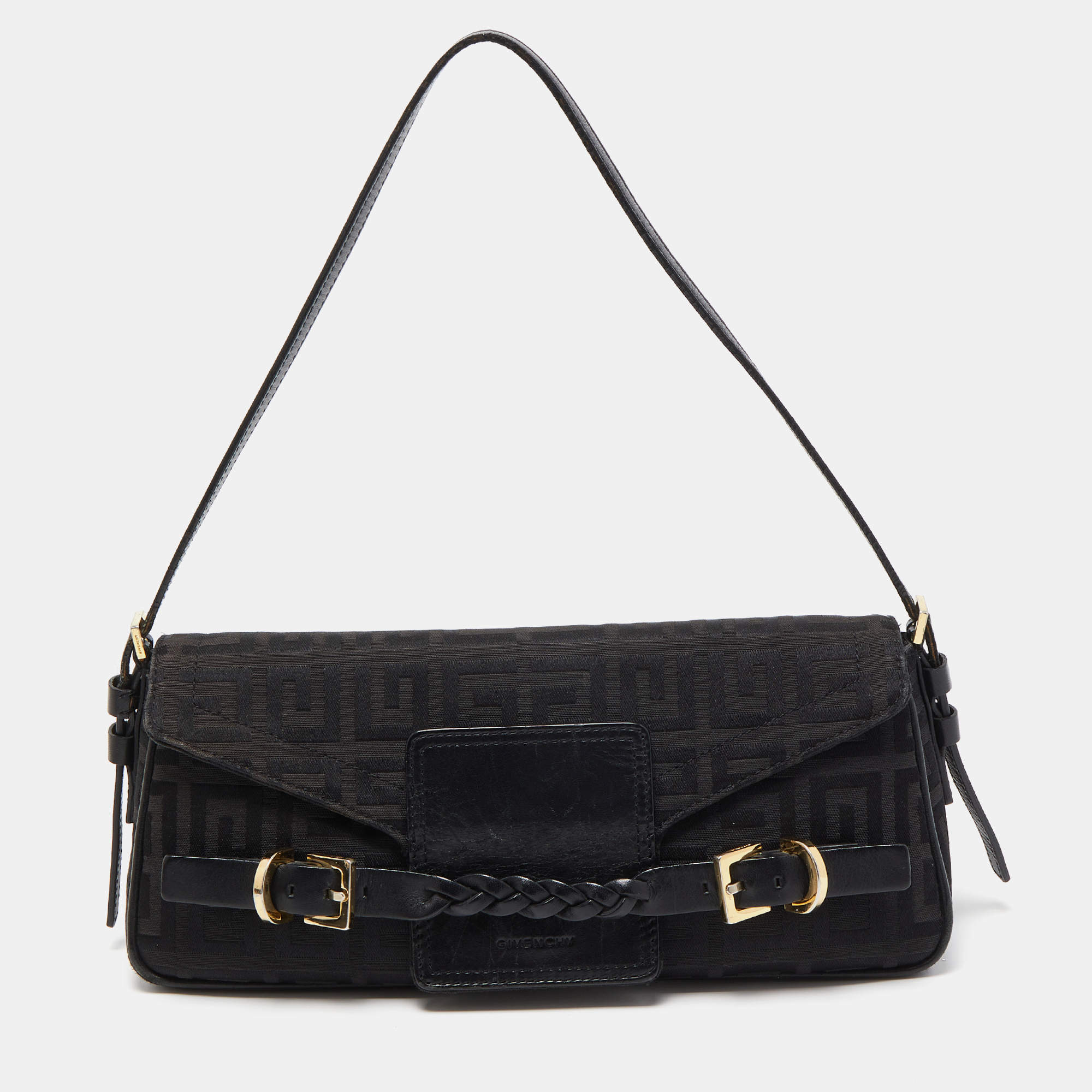 Givenchy Black Monogram Canvas and Leather Braided Flap Baguette Bag