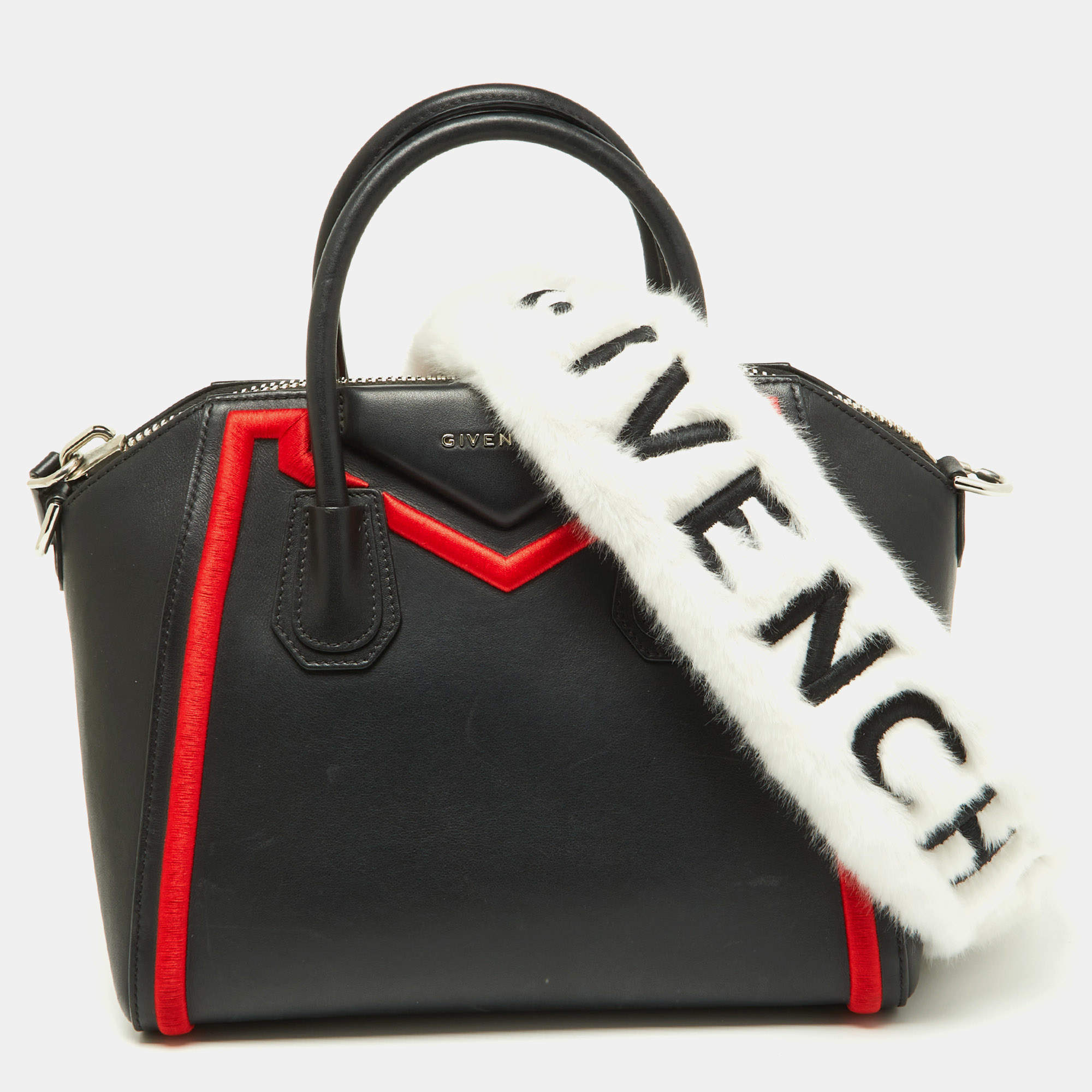 Pre Owned Givenchy Black/Red Leather and Faux Fur Small Embroidered Antigona Satchel