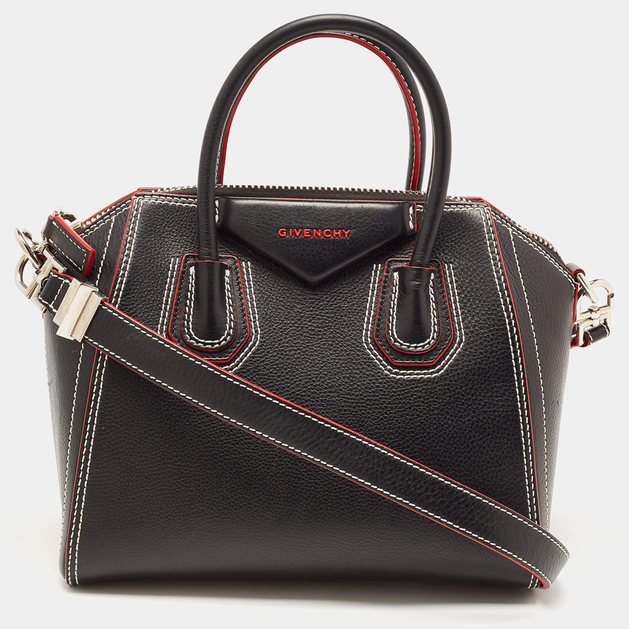 Pre Owned Givenchy Black/Red Leather Small Antigona Satchel