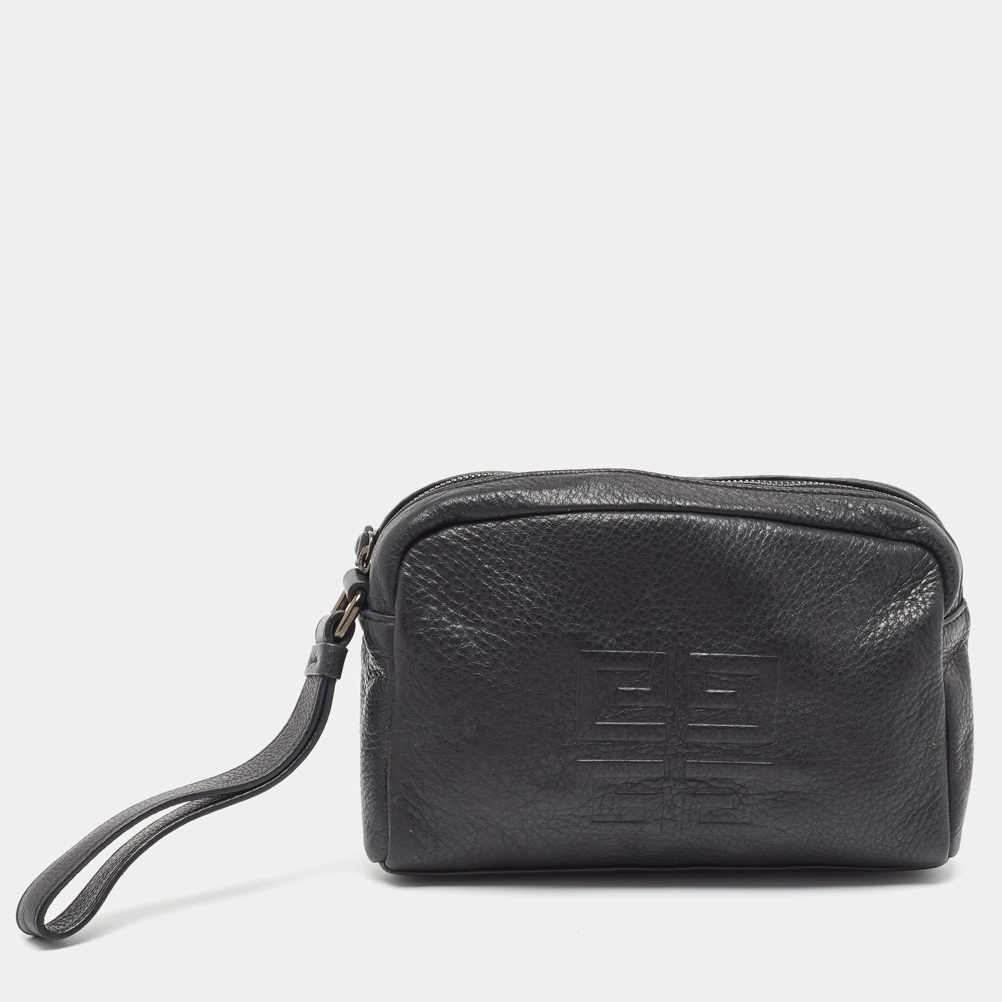 Pre Owned Givenchy Black Leather Logo Embossed Wristlet Pouch