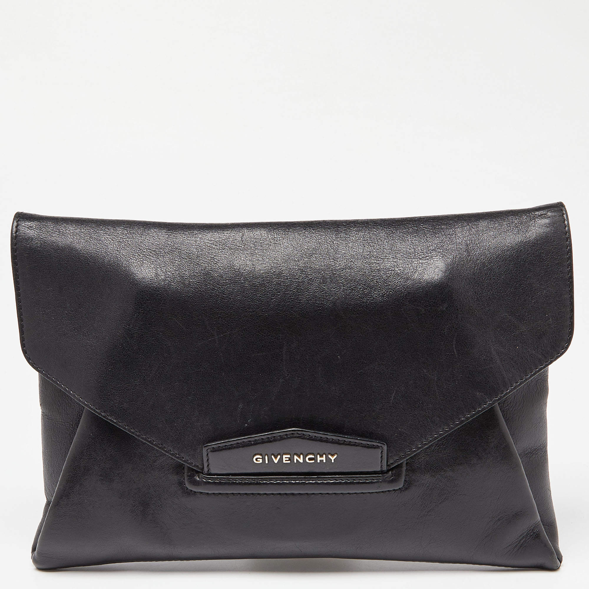 Pre Owned Givenchy Black Leather Medium Antigona Envelope Clutch