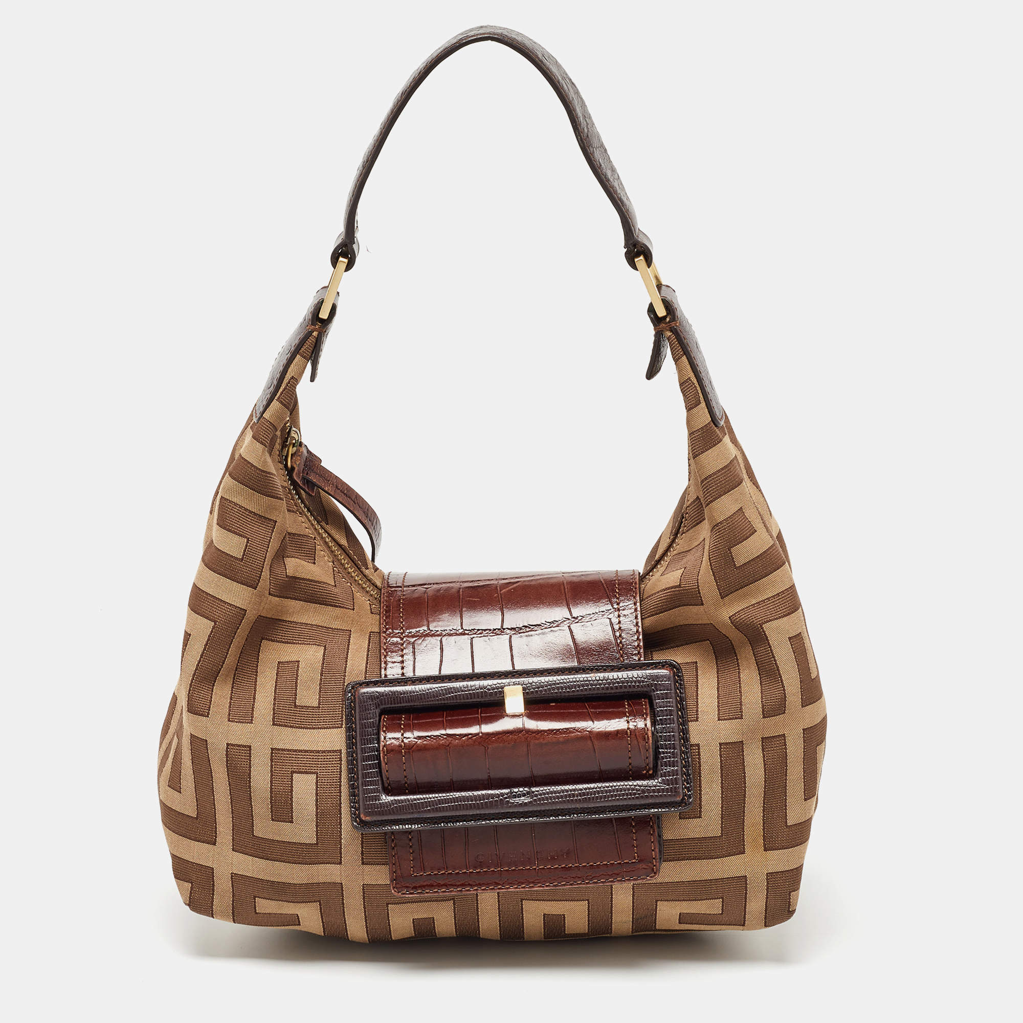 Givenchy Beige/Brown Signature Canvas and Croc Embossed Leather Hobo