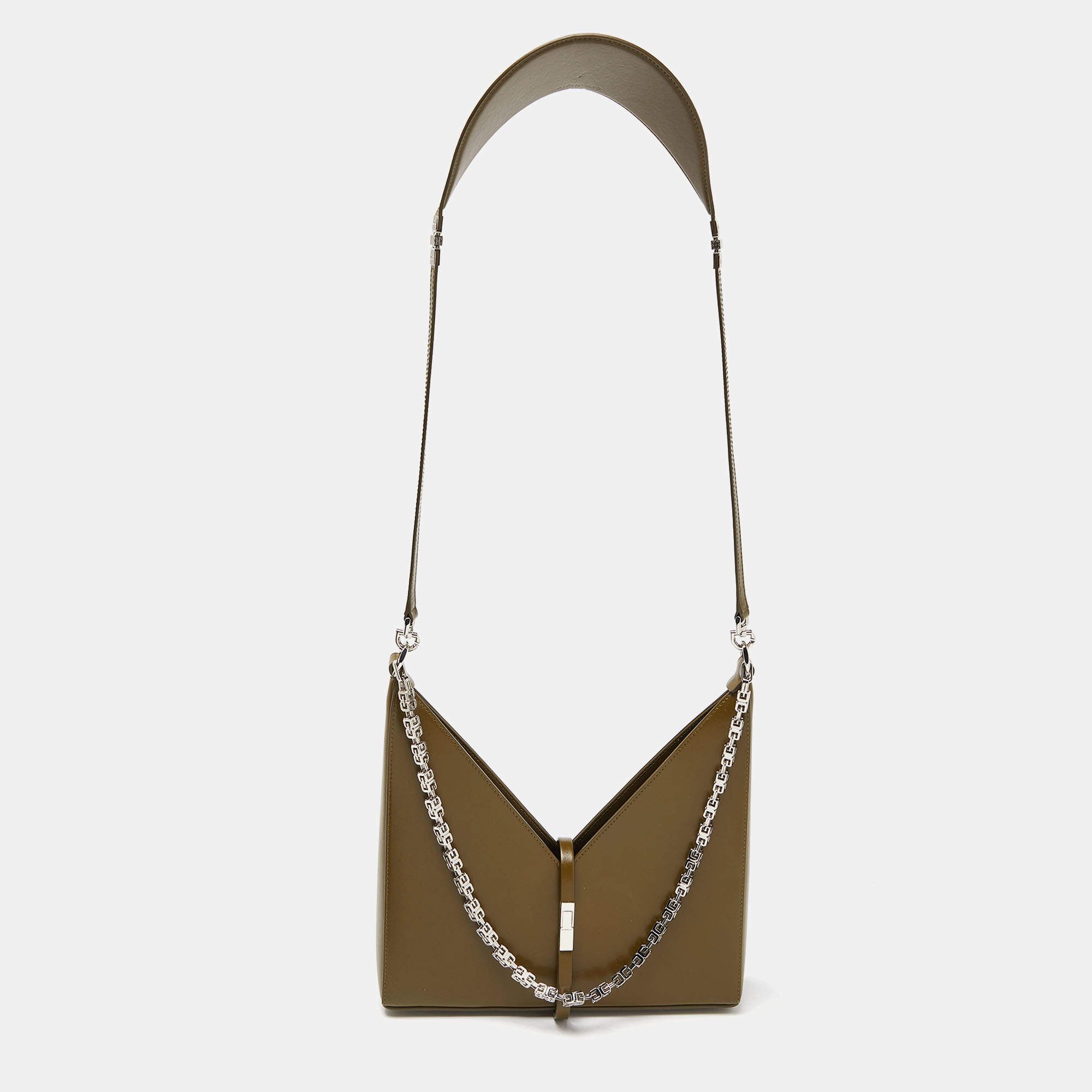 Pre Owned Givenchy Olive Green Glossy Leather Chain Cut Out Bag