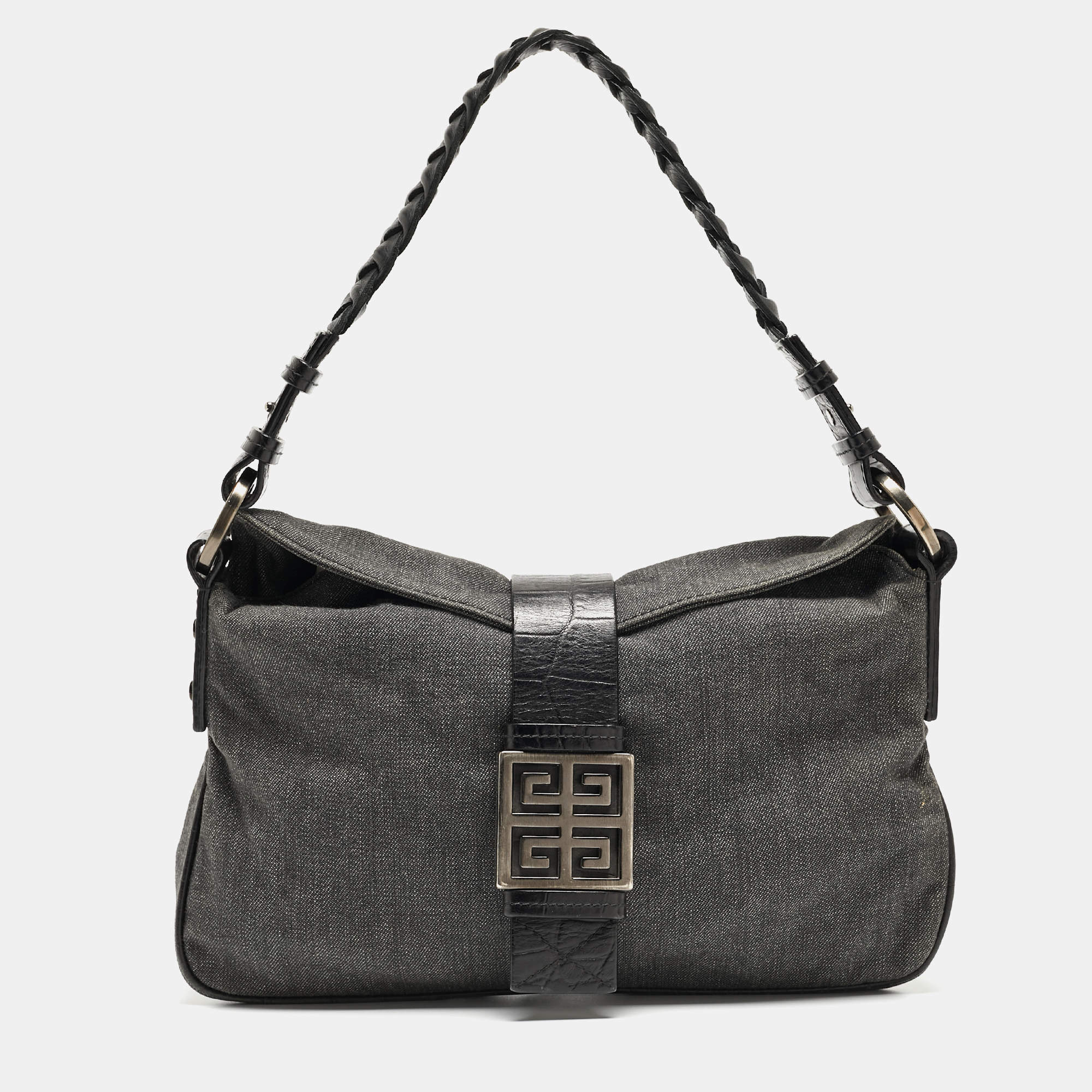Givenchy Grey/Black Denim and Croc Embossed Leather Shoulder Bag