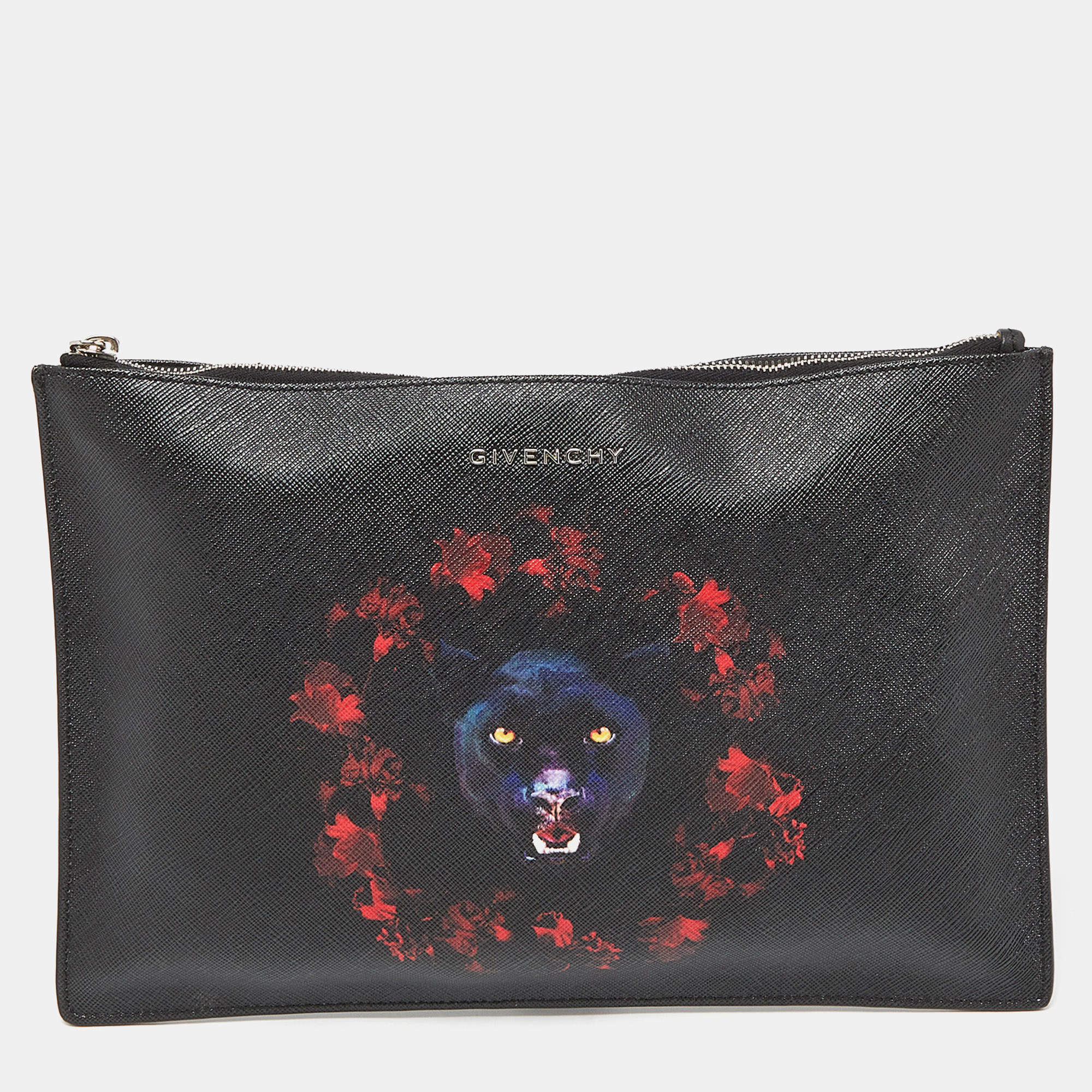 Pre Owned Givenchy Black Jaguar Printed Leather Zip Pouch
