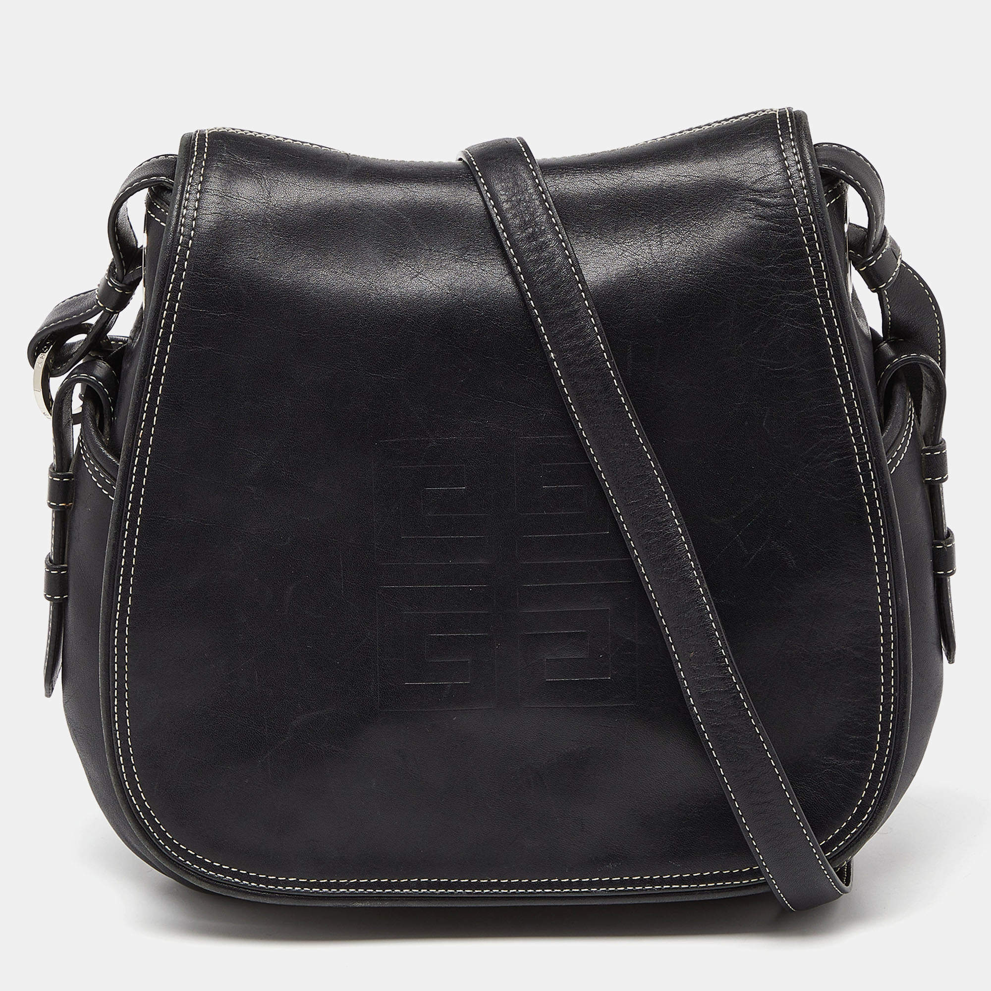 Givenchy Black Logo Embossed Leather Flap Hobo