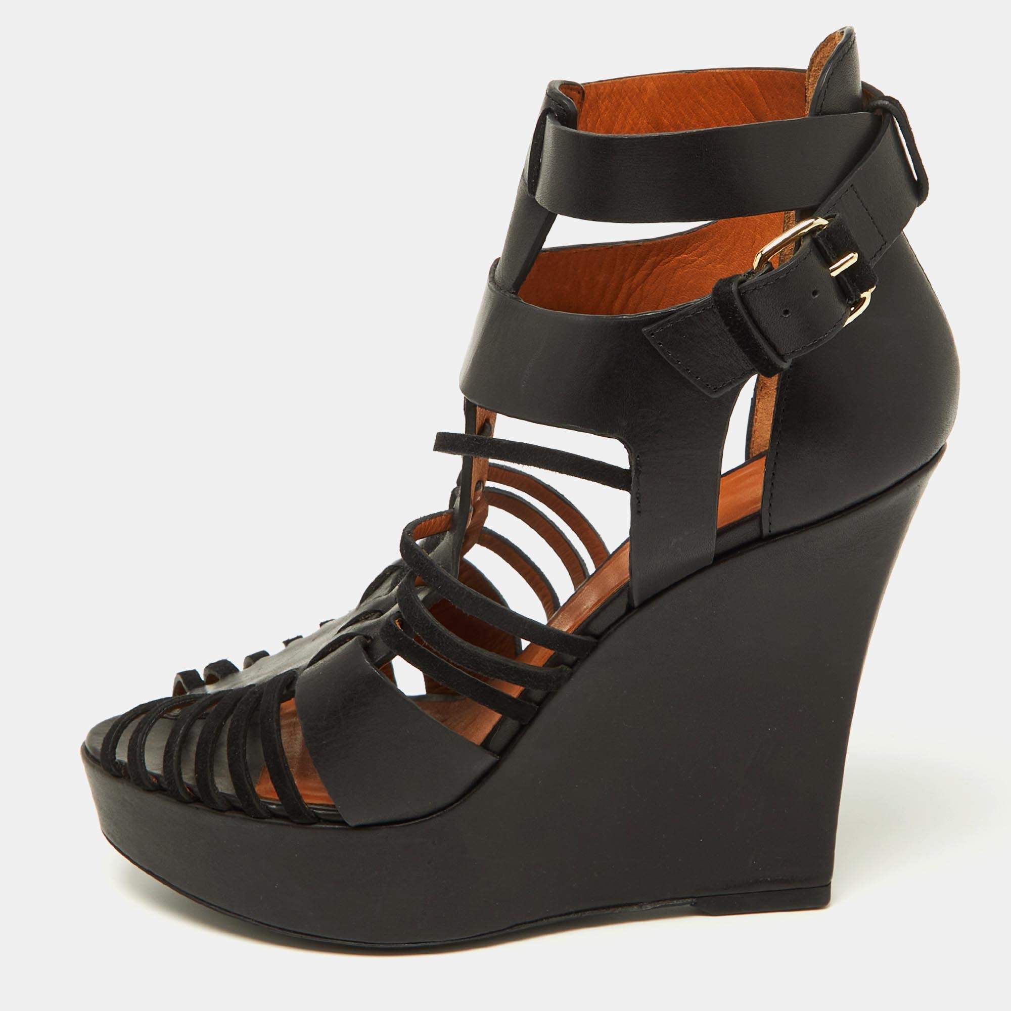 Givenchy Black Suede and Leather Wedge Platform Ankle Strap Sandals Size 39