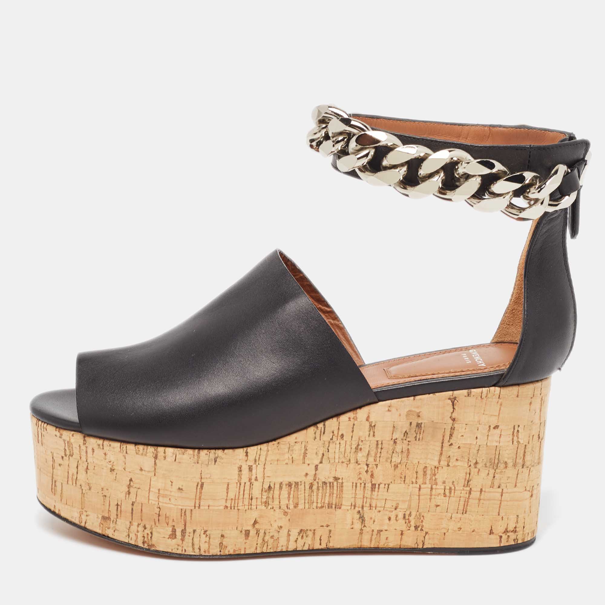 Pre Owned Givenchy Black Leather Chain Ankle Cuff Cork Wedge Sandals Size 36