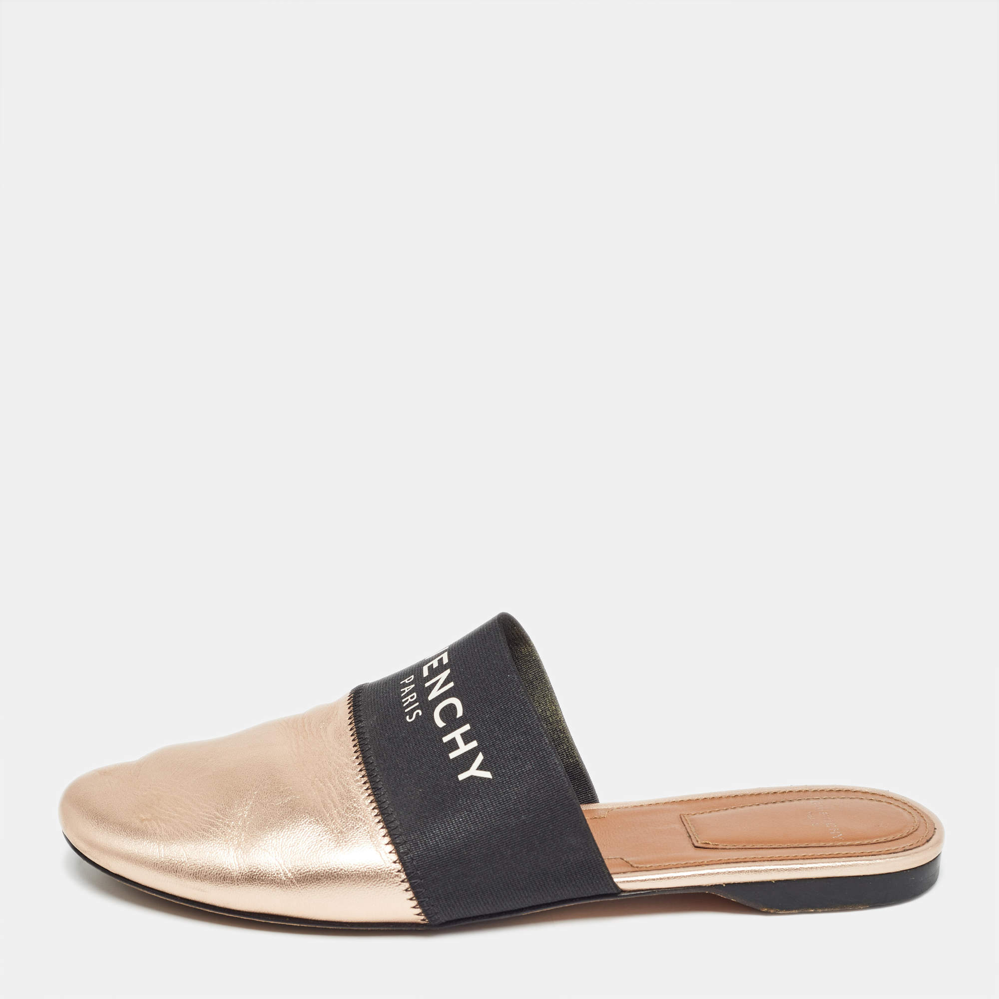 Givenchy Metallic/Black Leather and Elastic Bedford Flat Mules Size 37