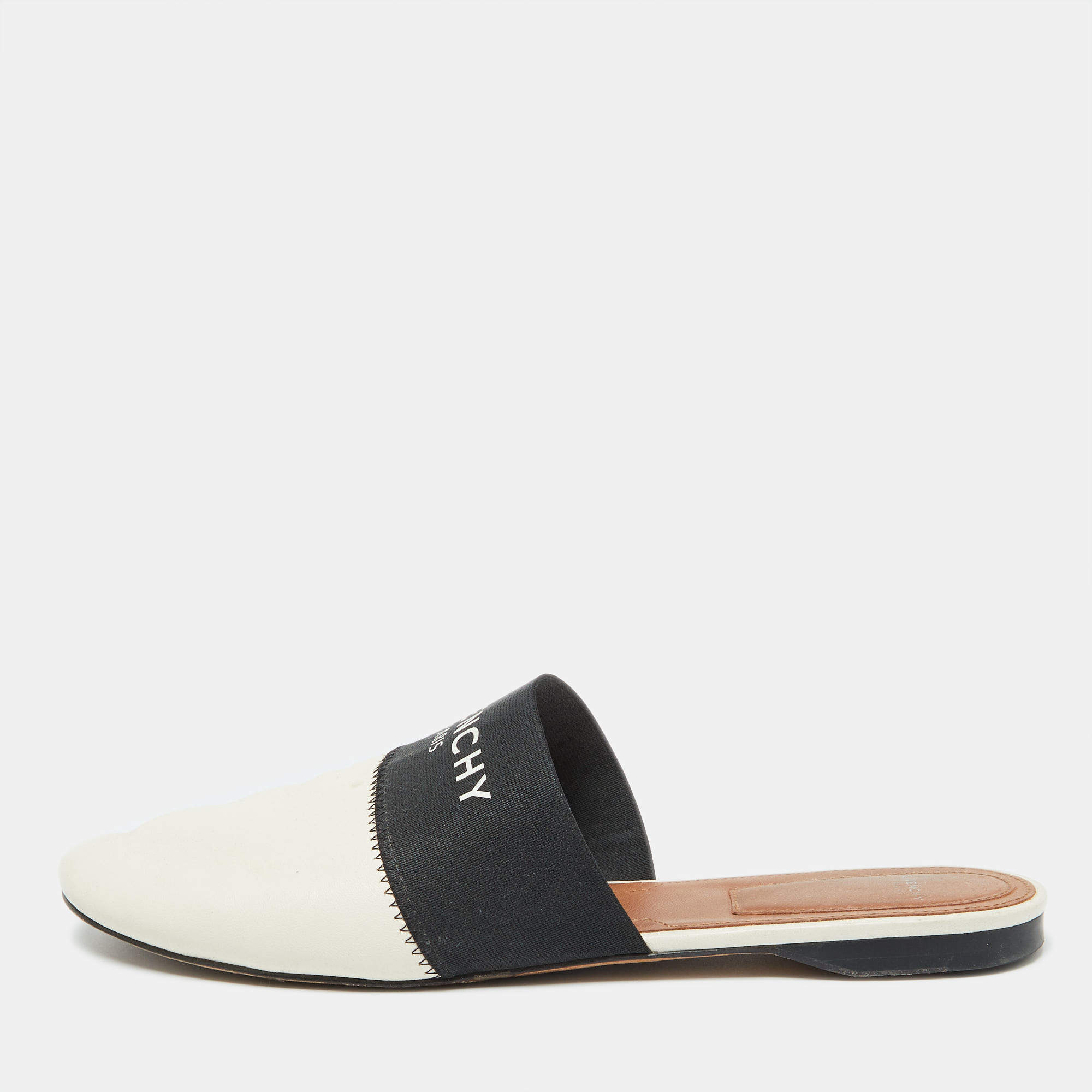 Givenchy Black/White Leather and Elastic Bedford Flat Mules Size 40.5