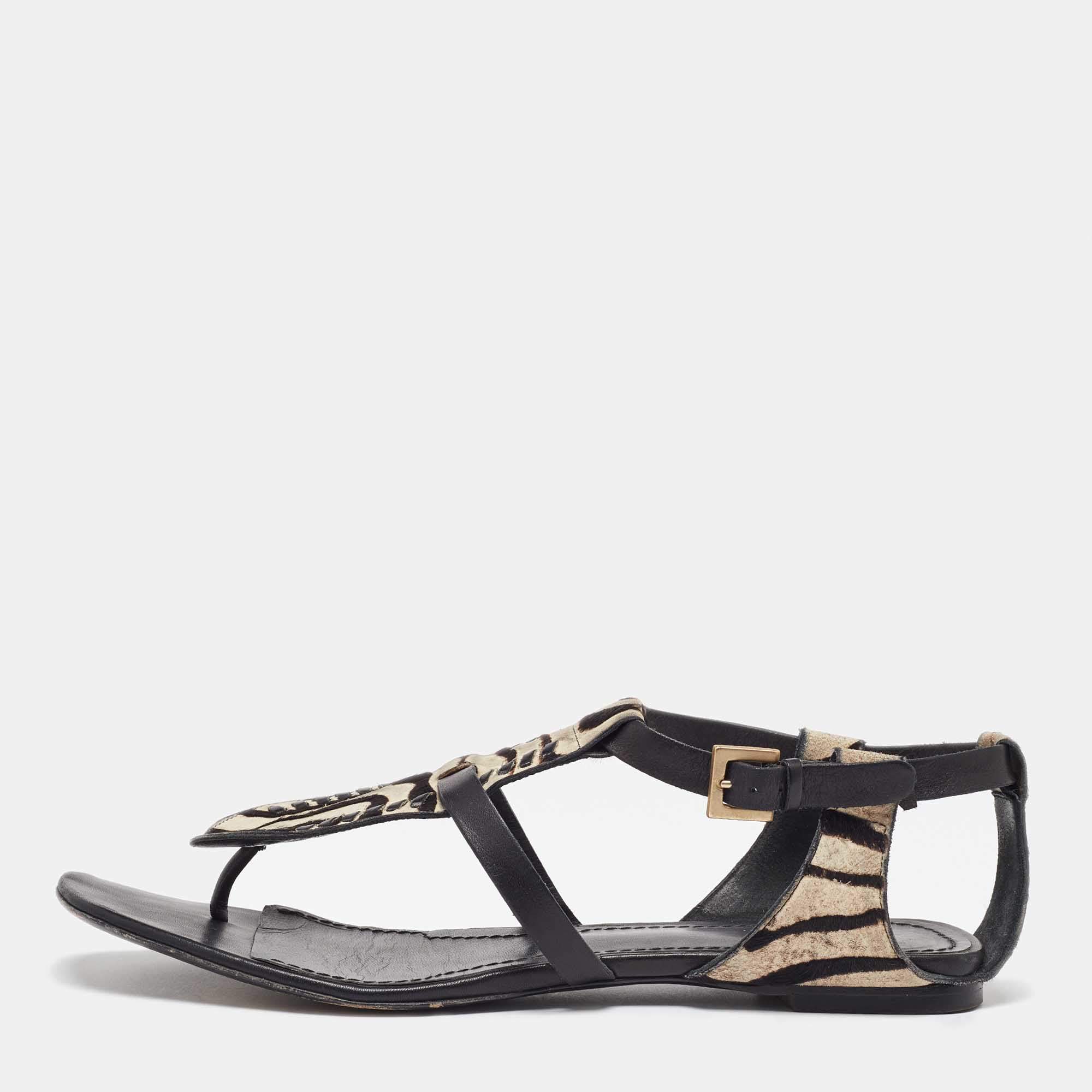 Givenchy Black Zebra Calfhair and Leather Thong Sandals Size 40
