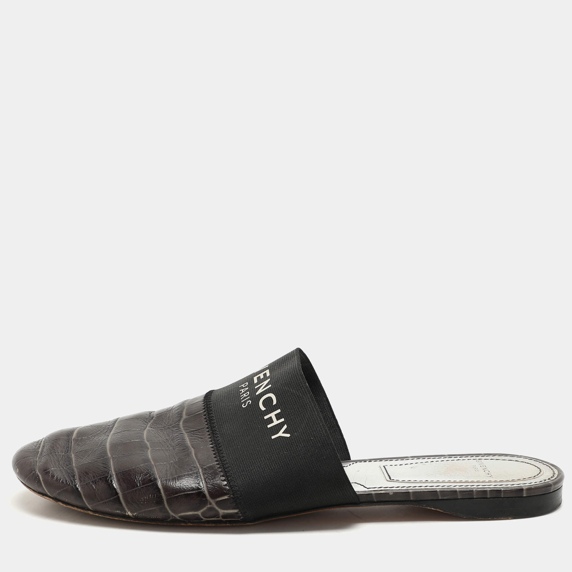 Givenchy Black Croc Embossed Leather and Elastic Bedford Mules Size 38