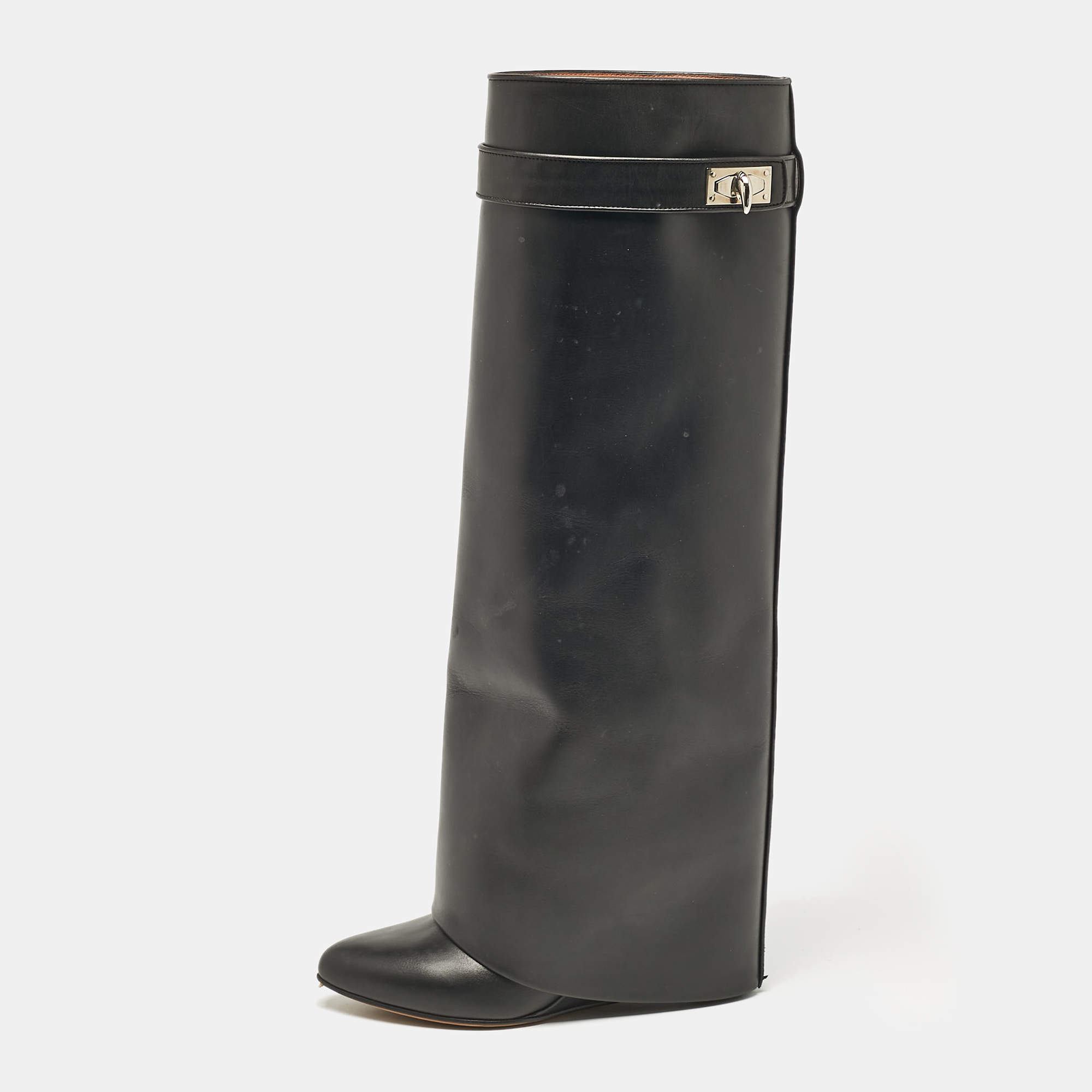 Givenchy Black Leather Shark Lock Wedge Knee High Boots Size 38