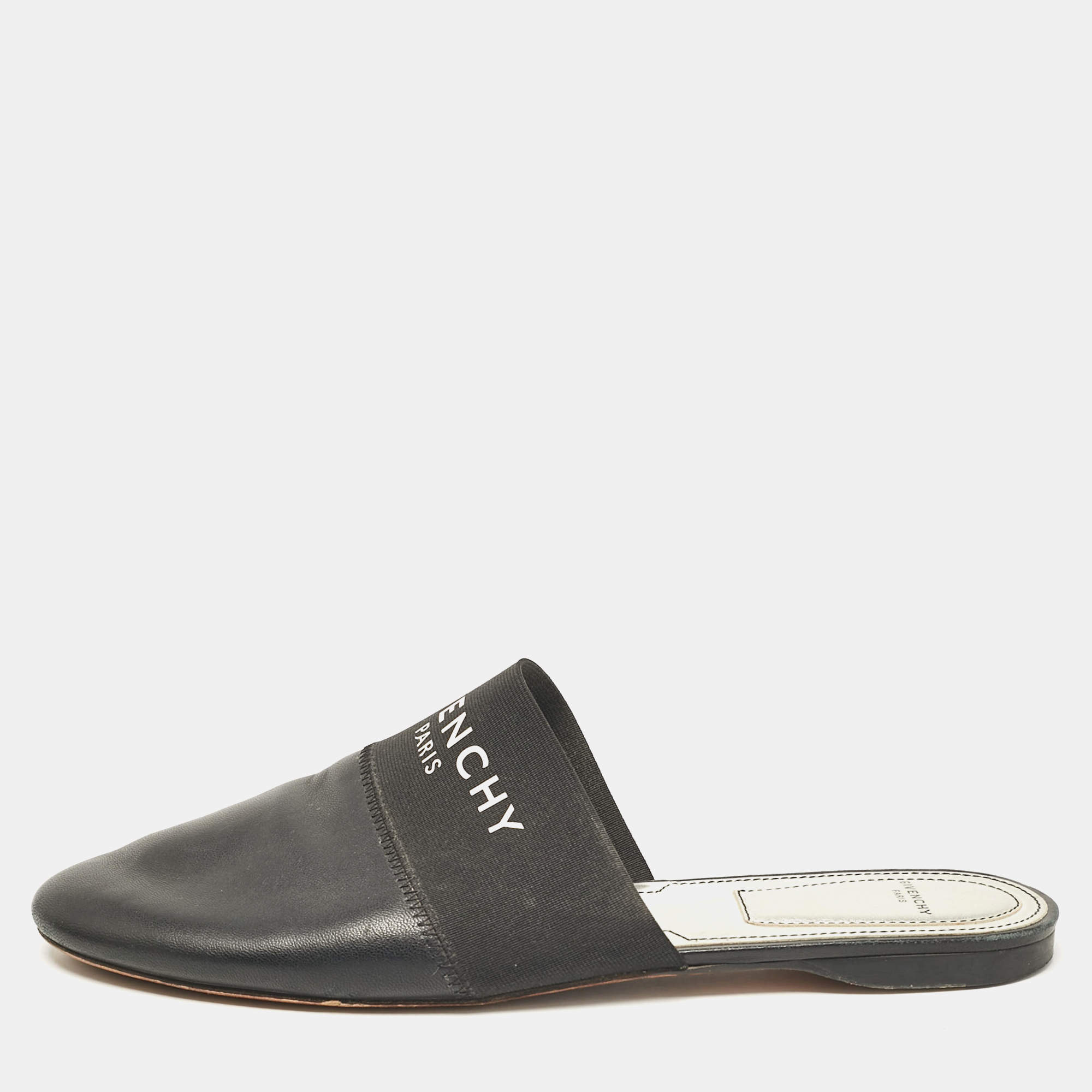Givenchy Black Leather and Logo Elastic Bedford Flat Mules Size 40