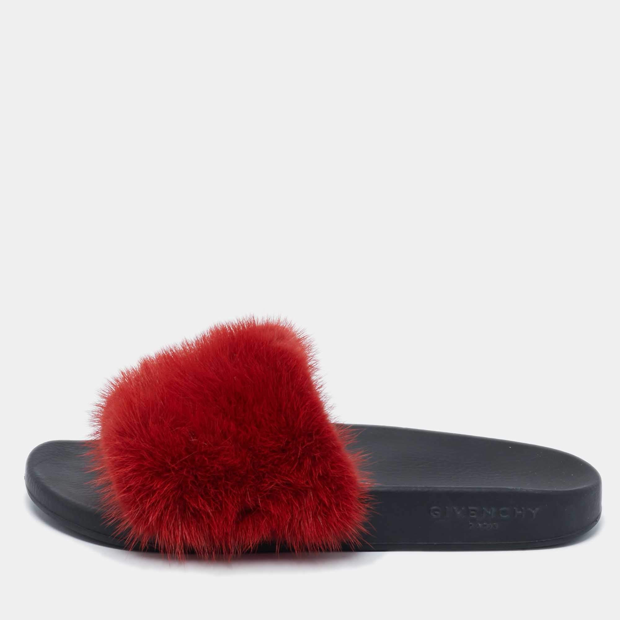 Givenchy Red Mink Fur Flat Slides Size 39