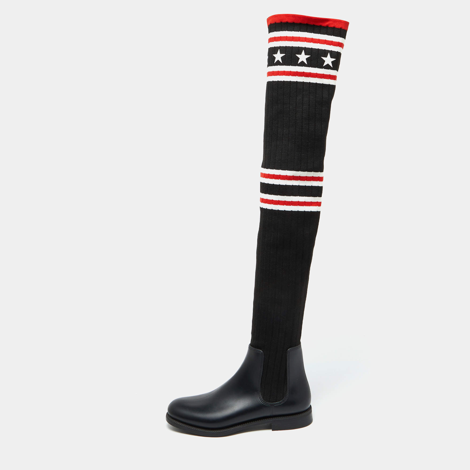 Givenchy Black Stretch Fabric and Rubber Storm Thigh High Boots Size 39