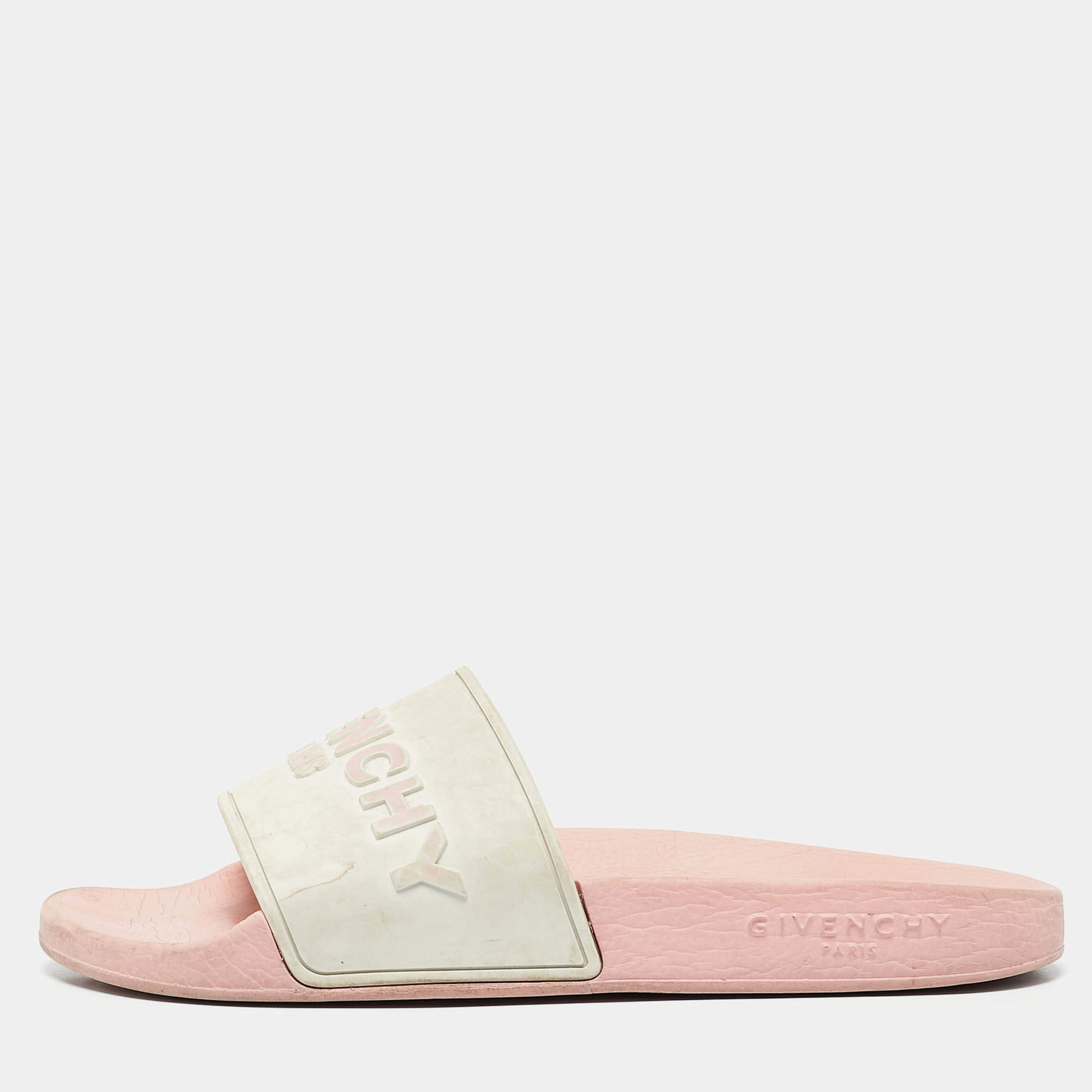 Givenchy White/Pink Rubber Embossed Logo Slides Size 38