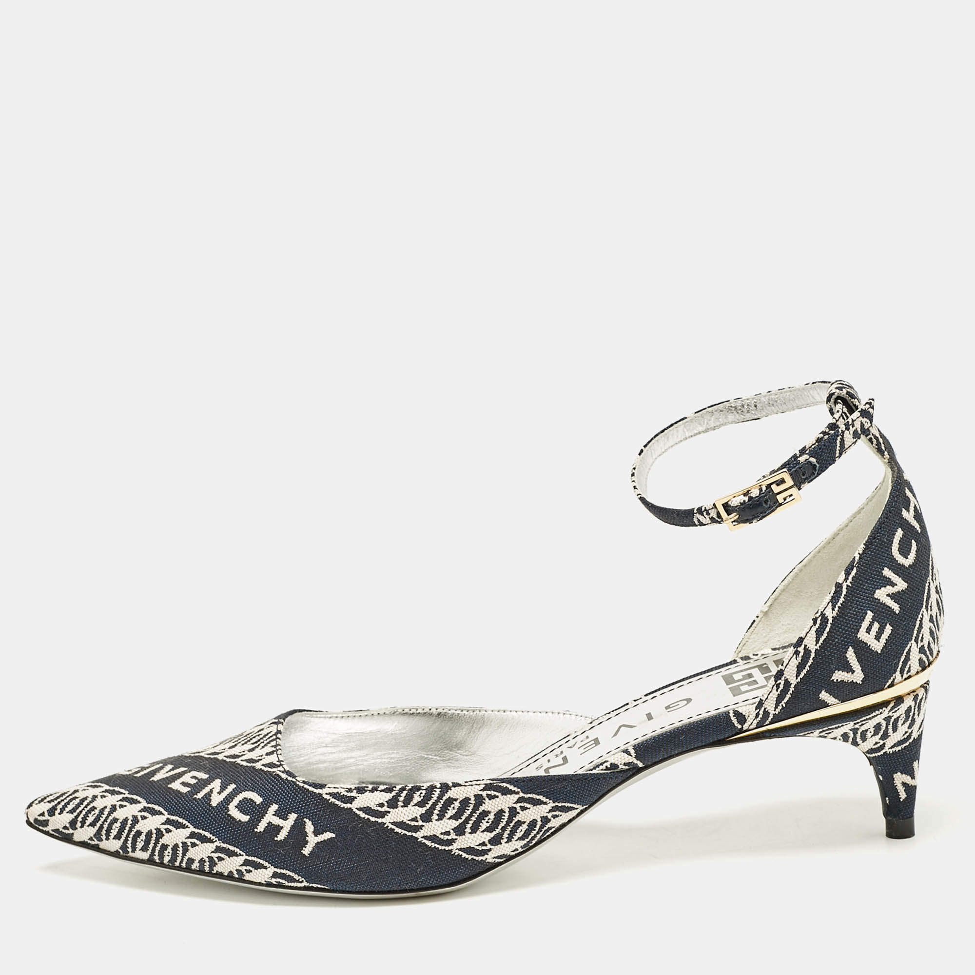 Givenchy Navy Blue/White Canvas Pointed Toe Ankle Strap Pumps Size 35
