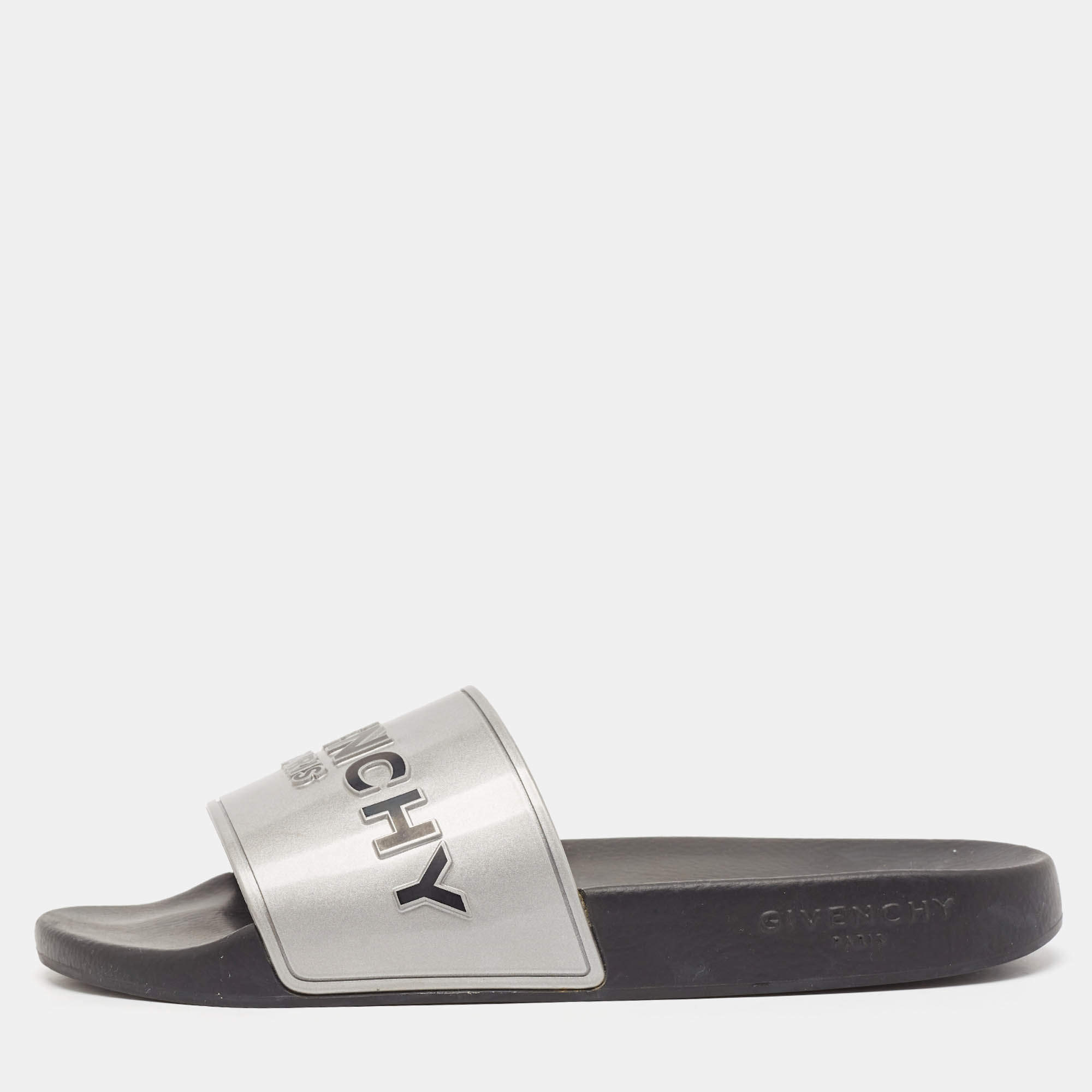 Givenchy Silver Rubber Logo Flat Slides Size 40