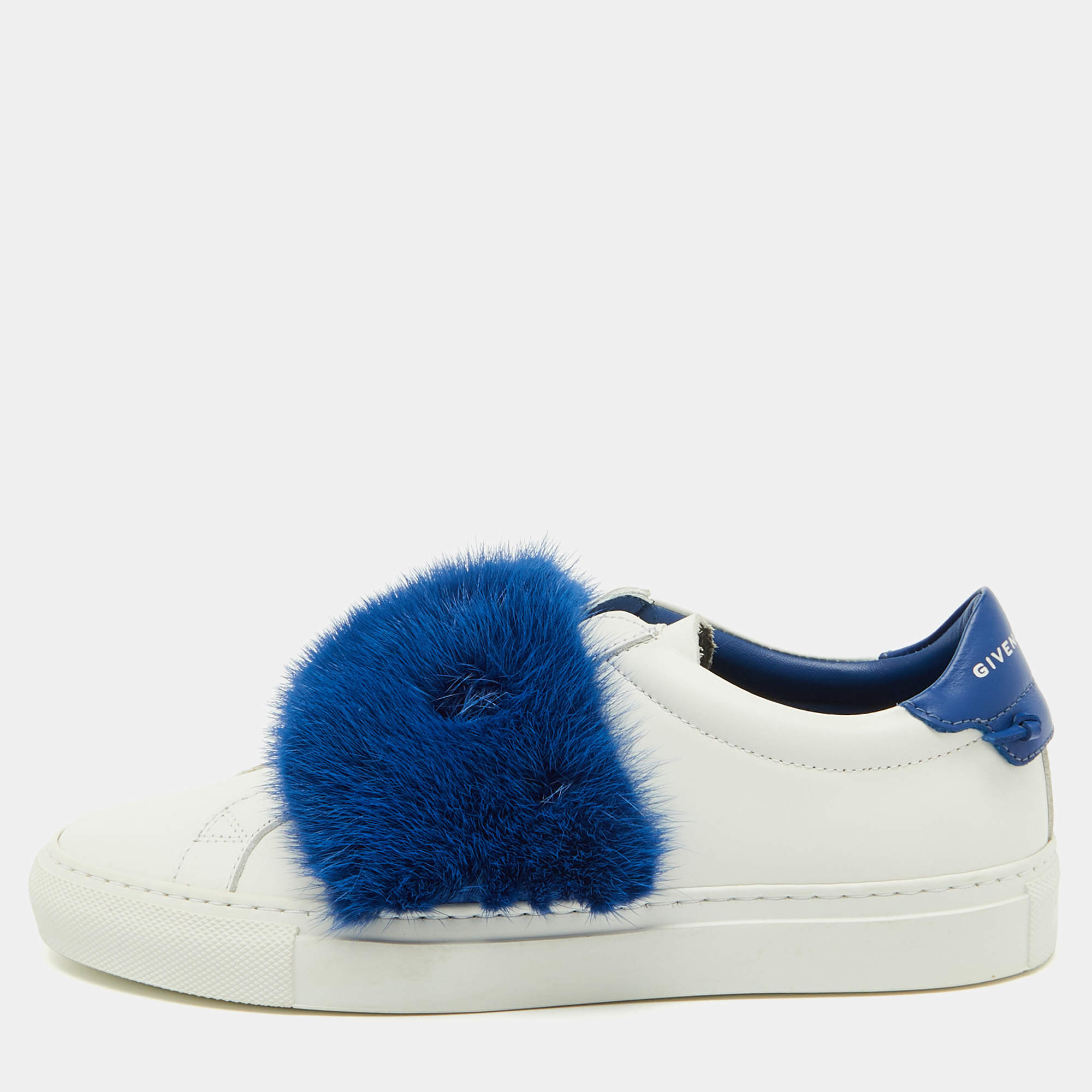 Givenchy White/Blue Leather and Mink Fur Urban Street Slip On Sneakers Size 37