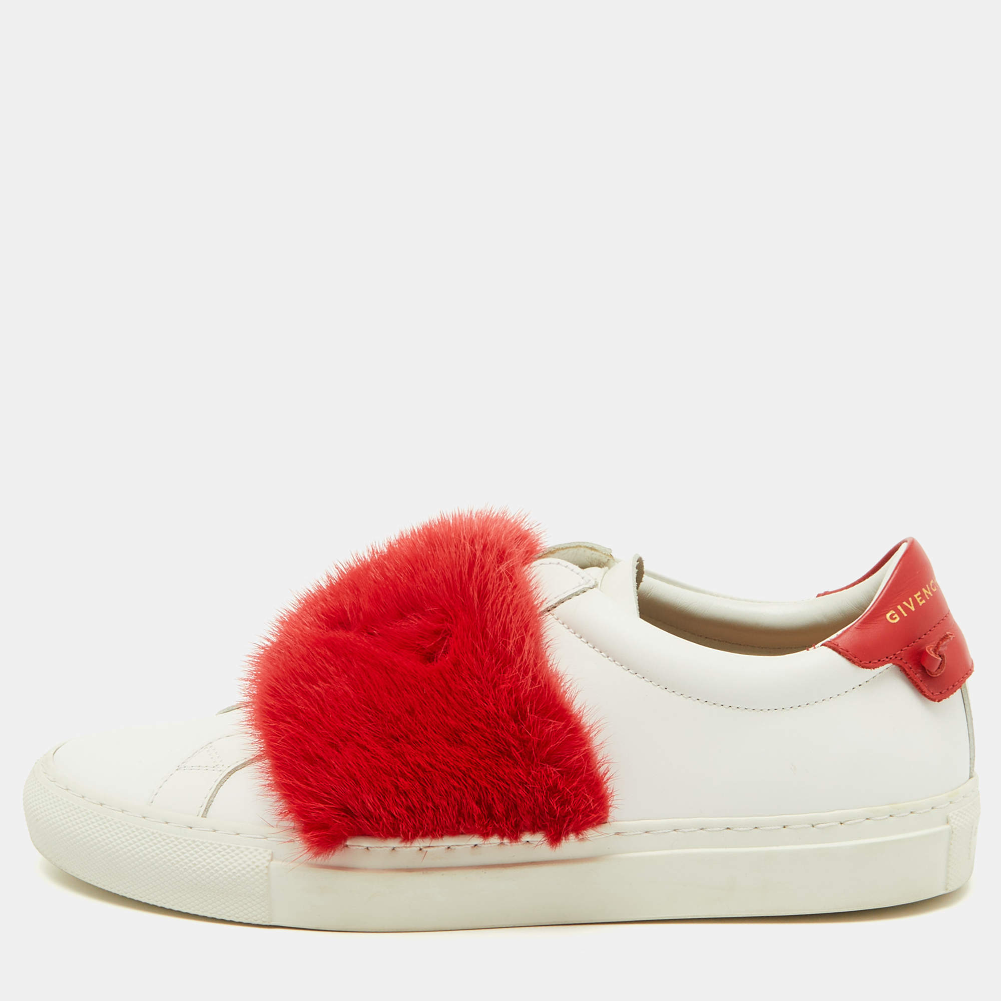 Givenchy White/Red Leather and Mink Fur Urban Street Slip On Sneakers Size 38
