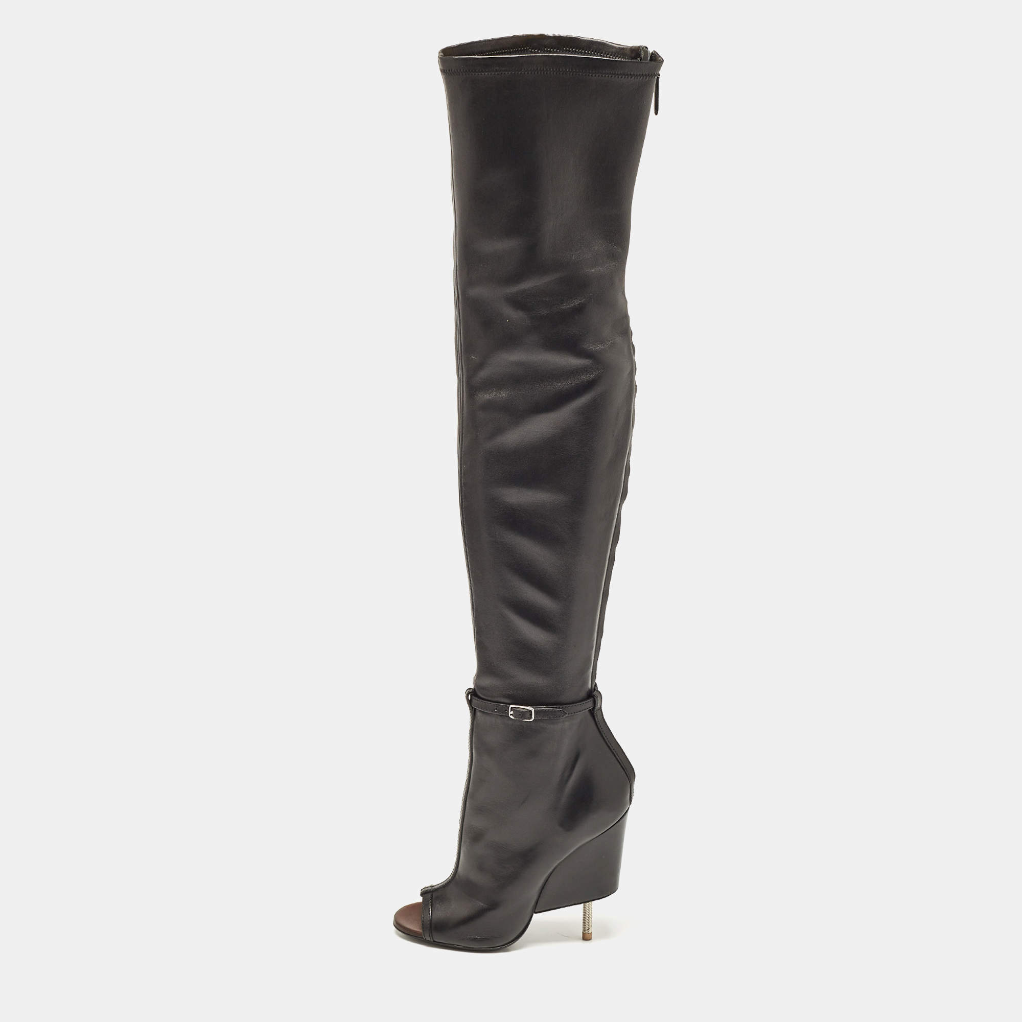 Pre Owned Givenchy Black Leather Peep Toe Knee Length Boots Size 38