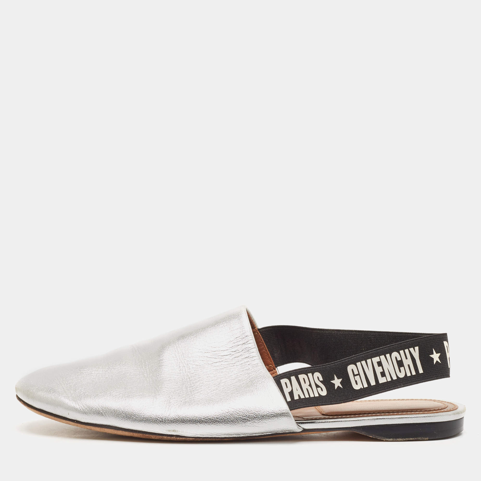Givenchy Sliver Leather Rivington Logo Slingback Flat Mules Size 38
