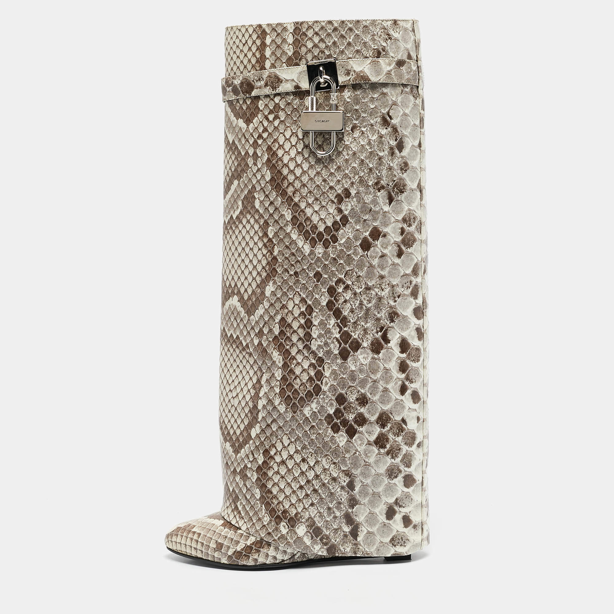 Givenchy Brown/Cream Python Embossed Leather Shark Tooth Knee Length Boots Size 39