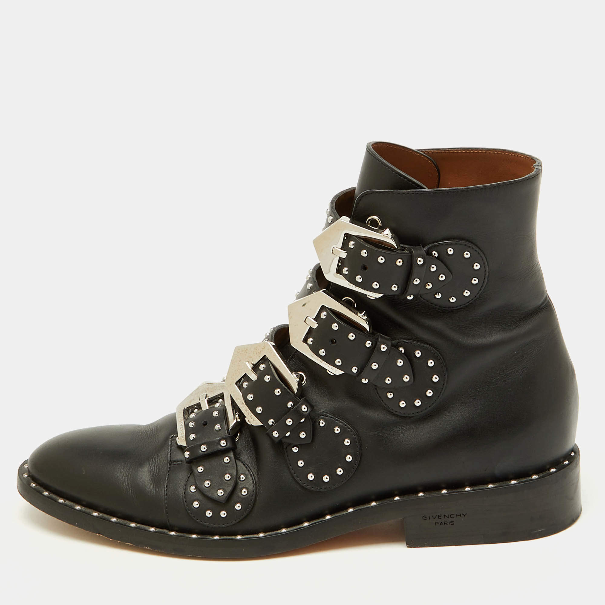 Givenchy Black Leather Studded Buckle Detail Ankle Boots Size 38
