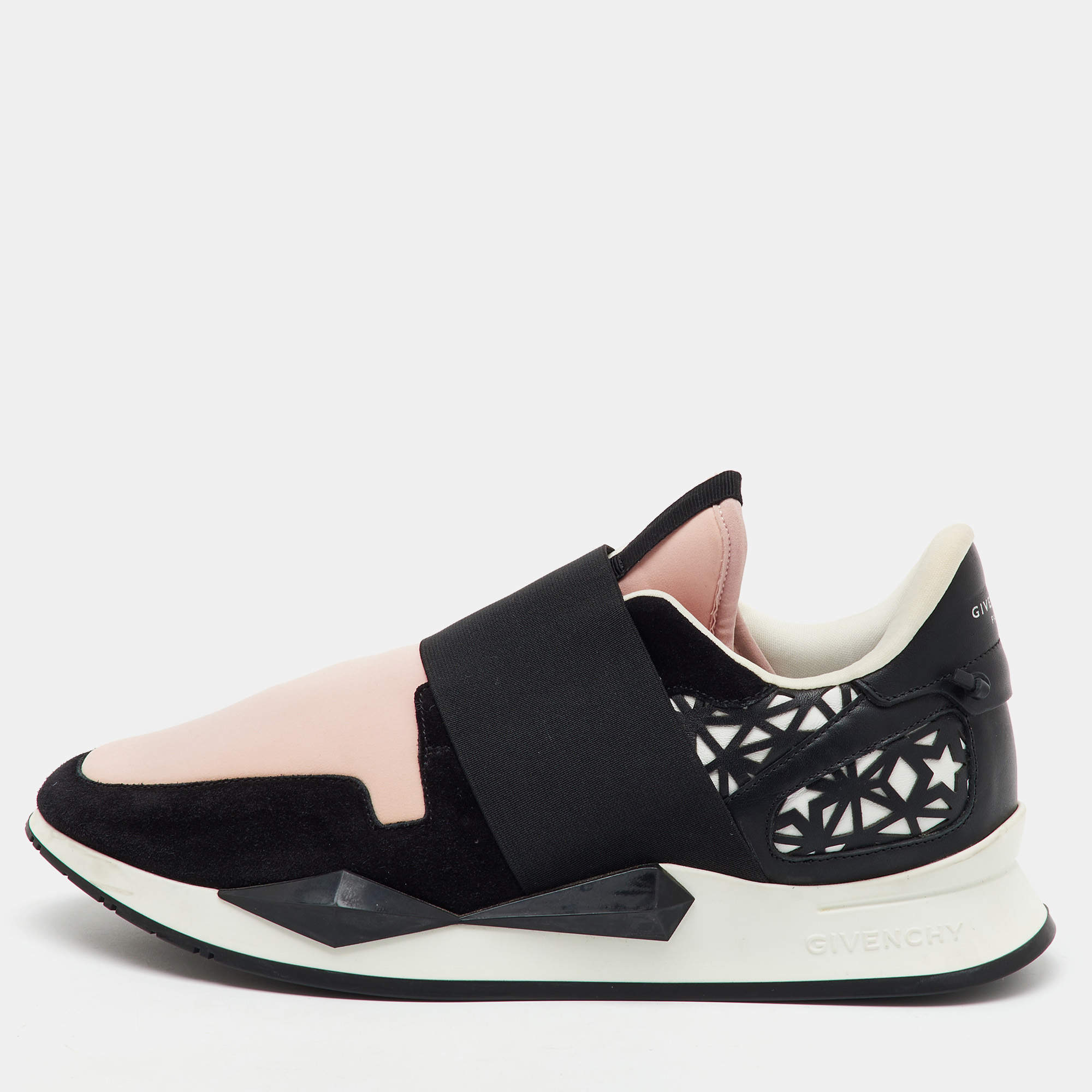 Givenchy Black/Light Pink Neoprene and Leather Runner Elastic Slip On Sneakers Size 39.5