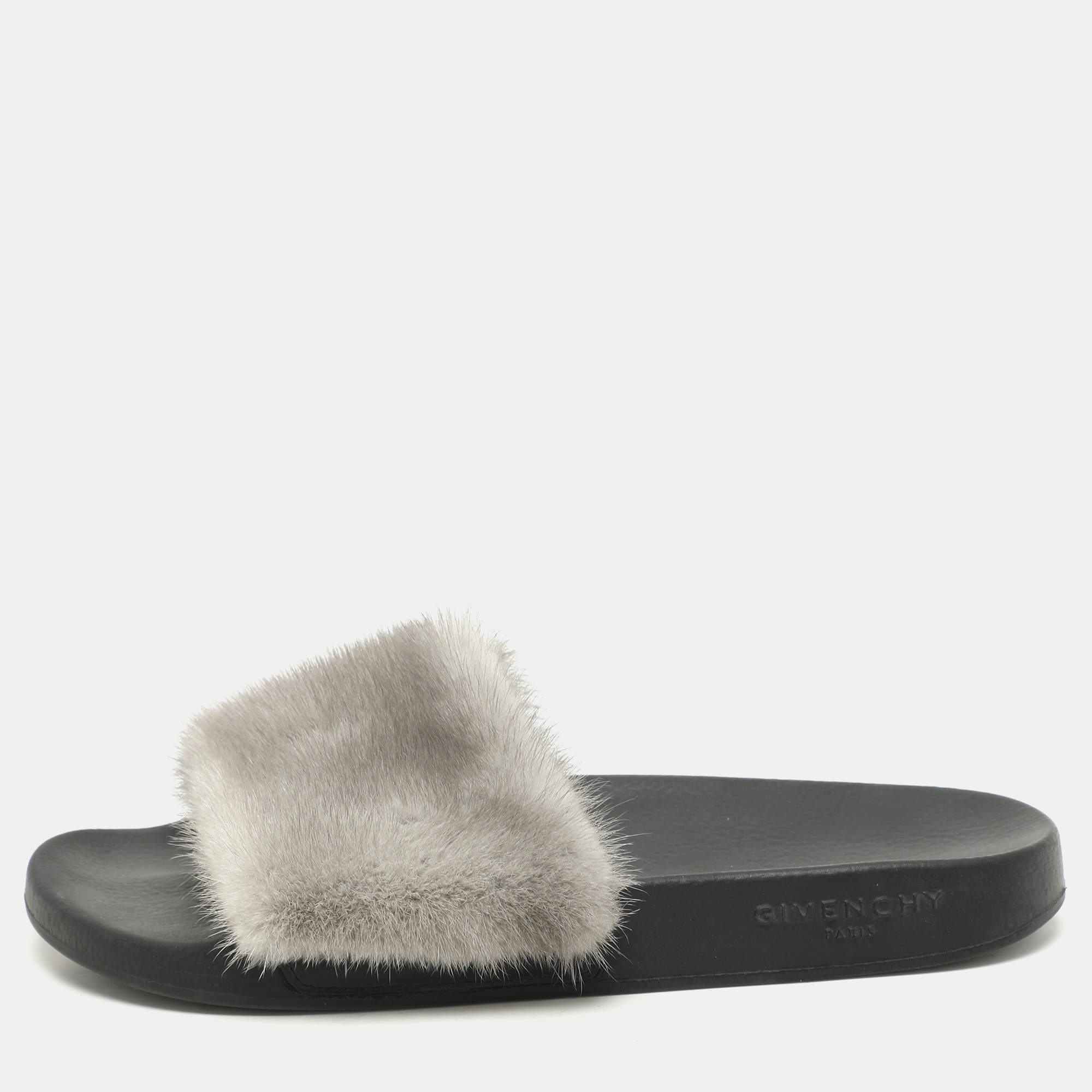 Givenchy Grey Mink Fur Flat Slides Size 40