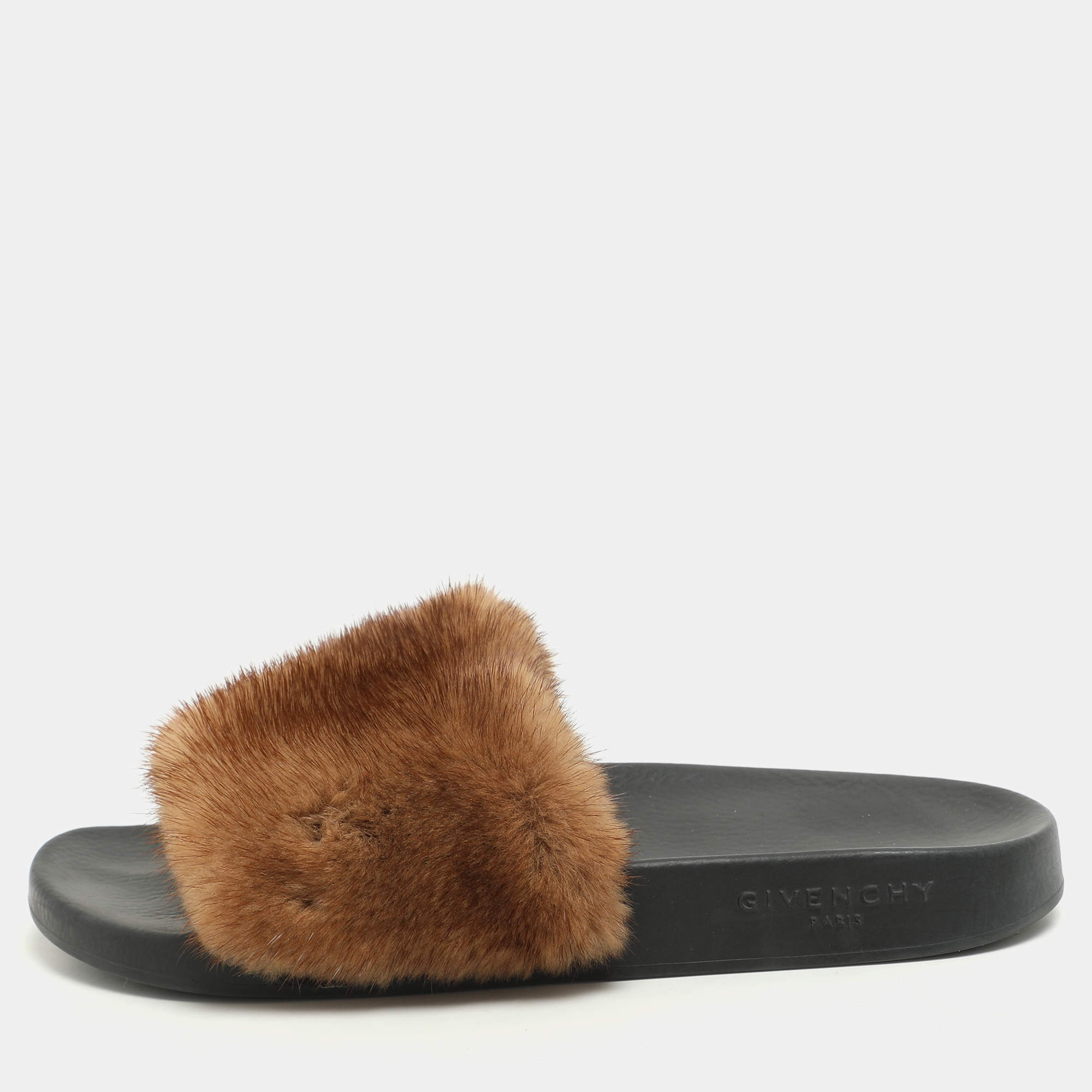 Givenchy Brown Mink Fur Flat Slides Size 39