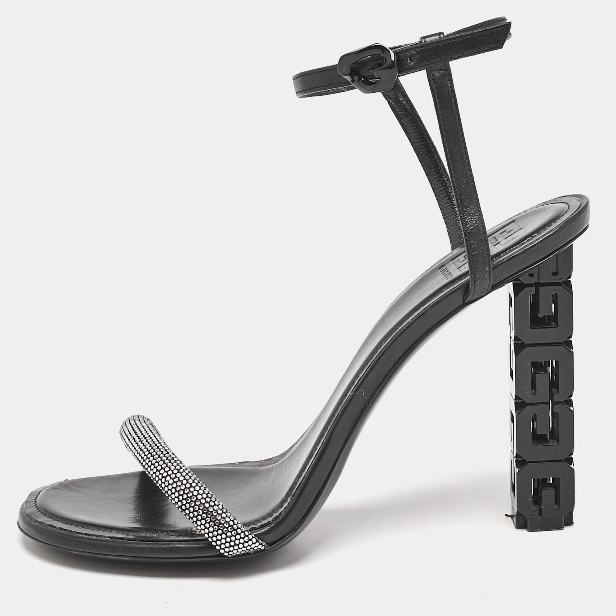 Givenchy Black Leather G Cube Crystal Embellished Heel Ankle Strap Sandals Size 41