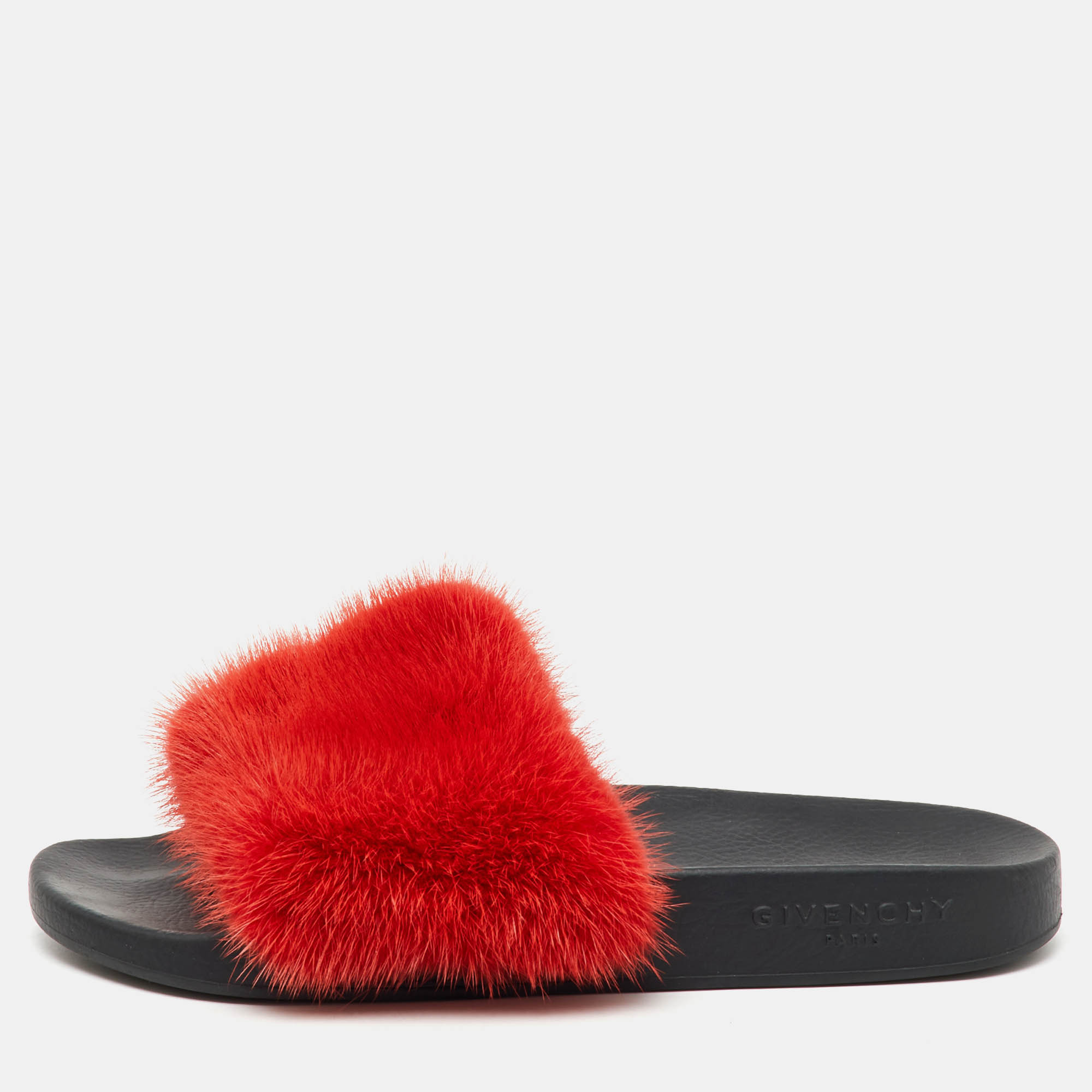 Givenchy Red Mink Fur Flat Slide Sandals Size 38