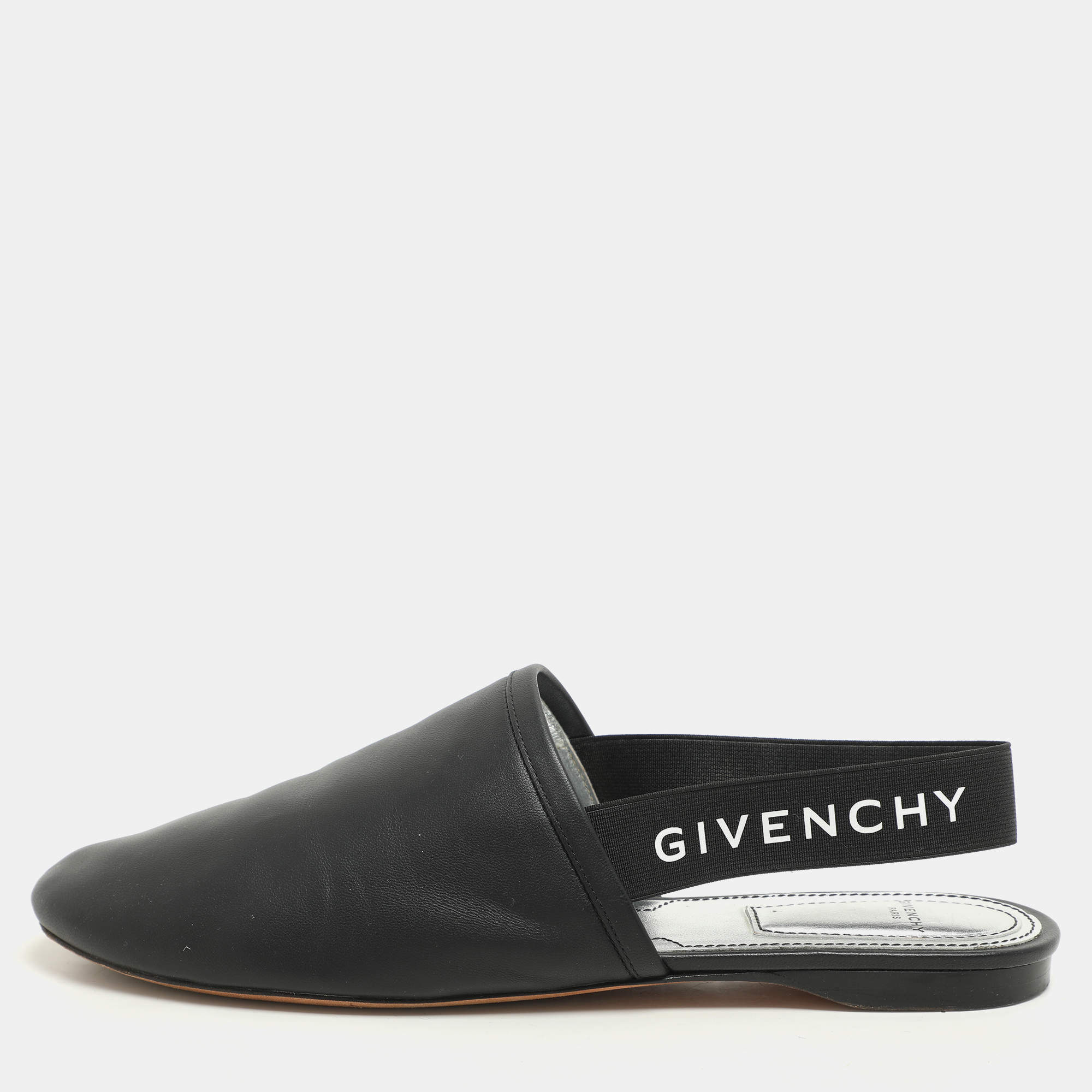 Givenchy Black Leather and Elastic Rivington Slingback Flats Size 37.5