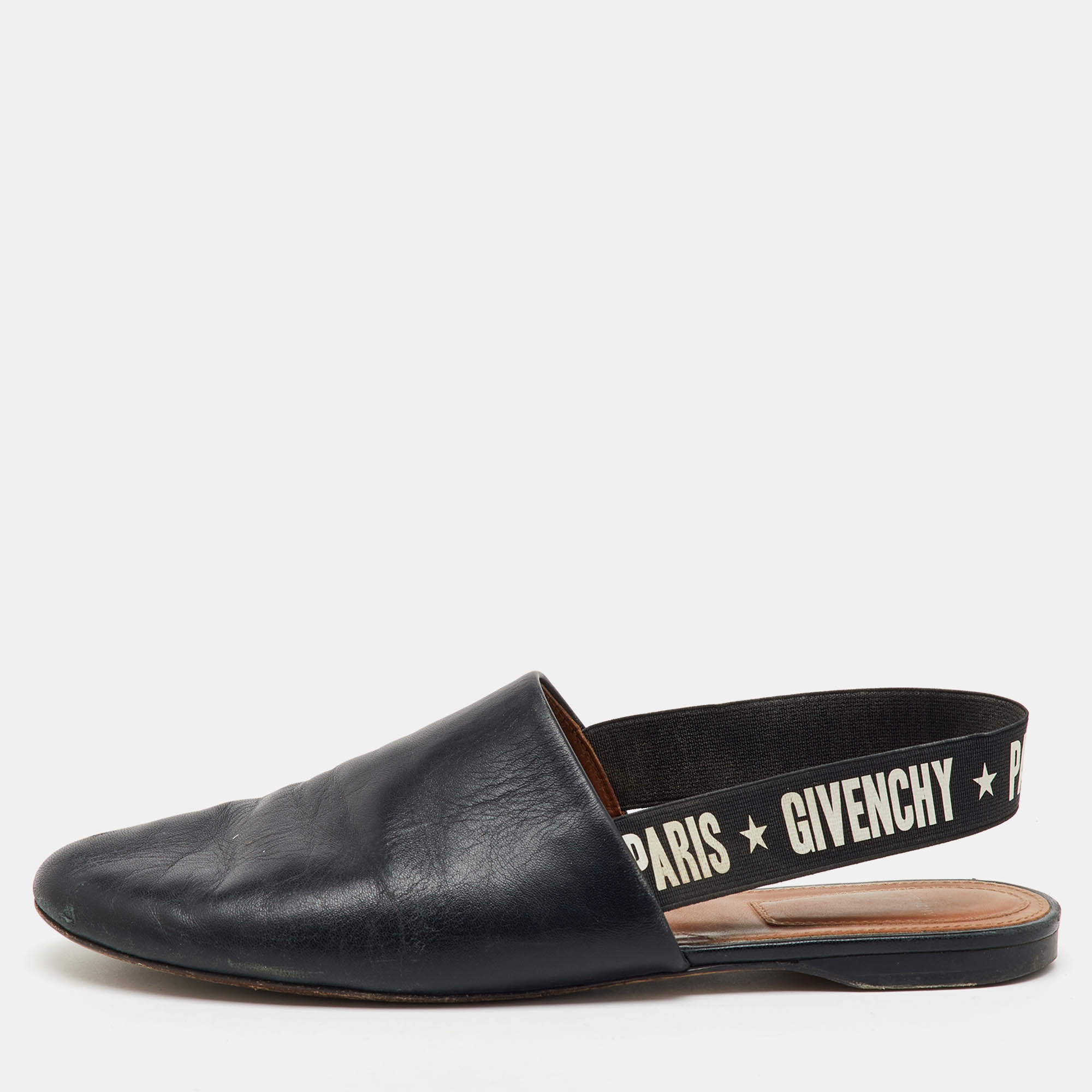 Givenchy Black Leather Rivington Logo Slingback Flats Size 37
