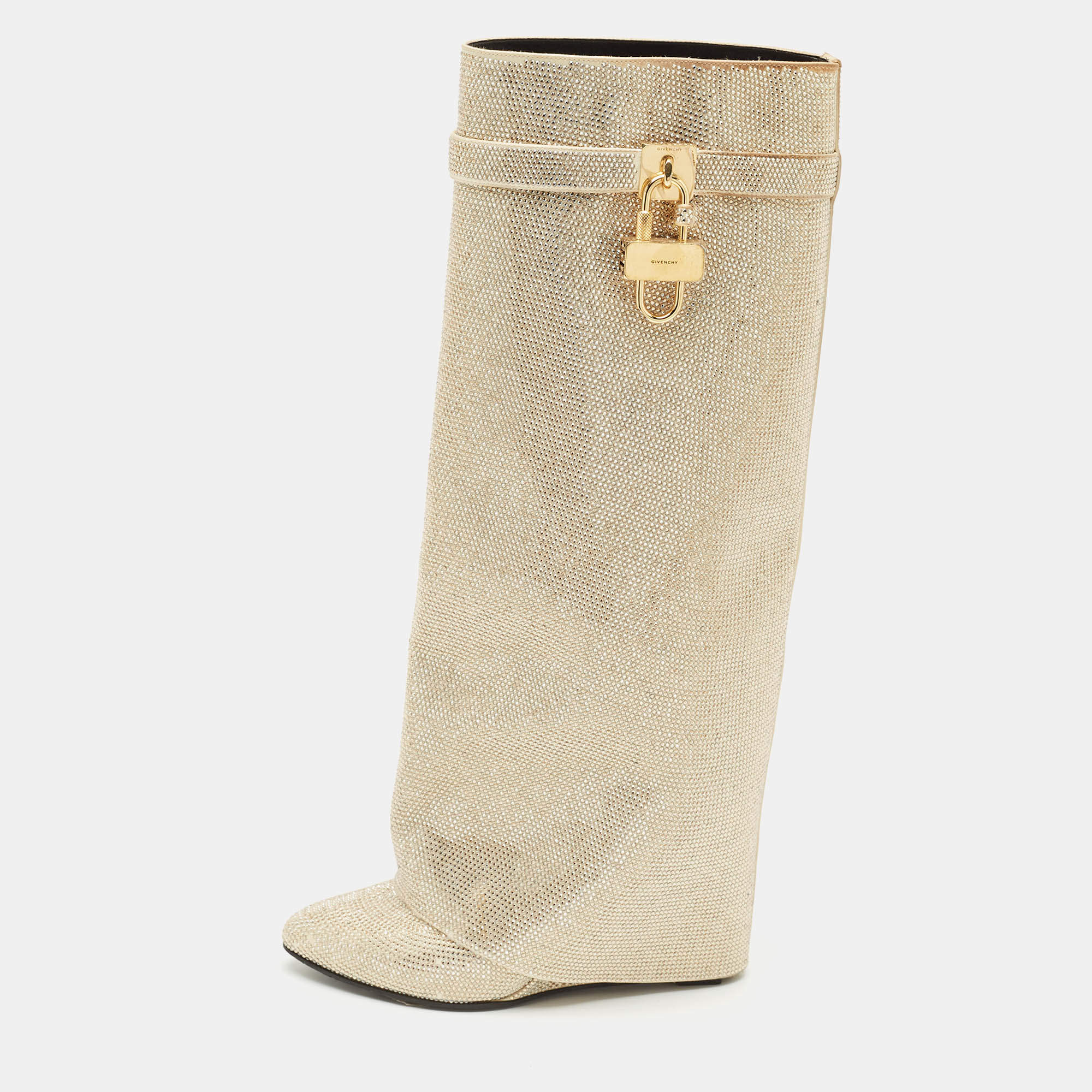 Givenchy Gold Satin Crystal Embellished Shark Lock Knee Length High Boots Size 39
