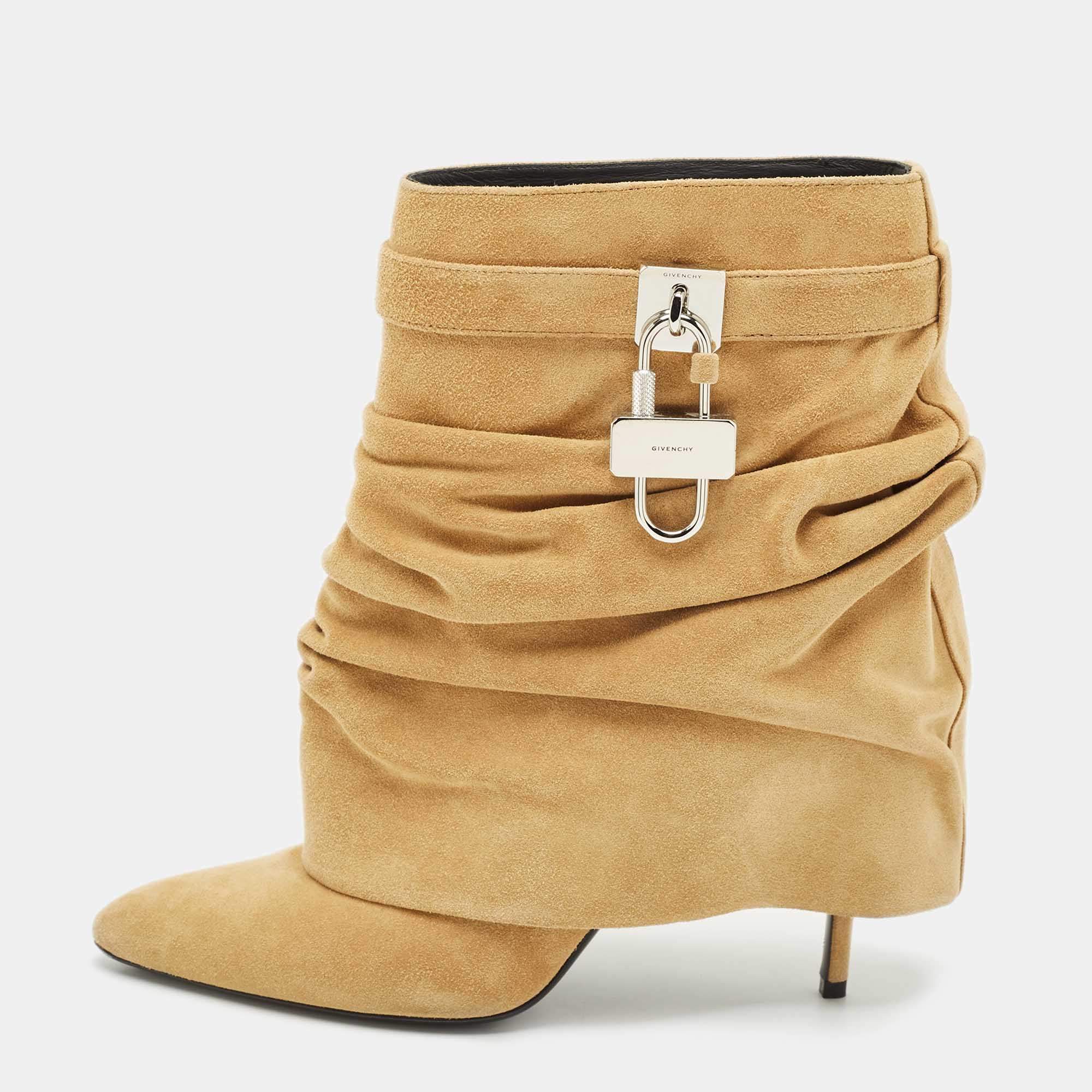 Givenchy Beige Suede Shark Lock Slouchy Silhouette Ankle Boots Size 40