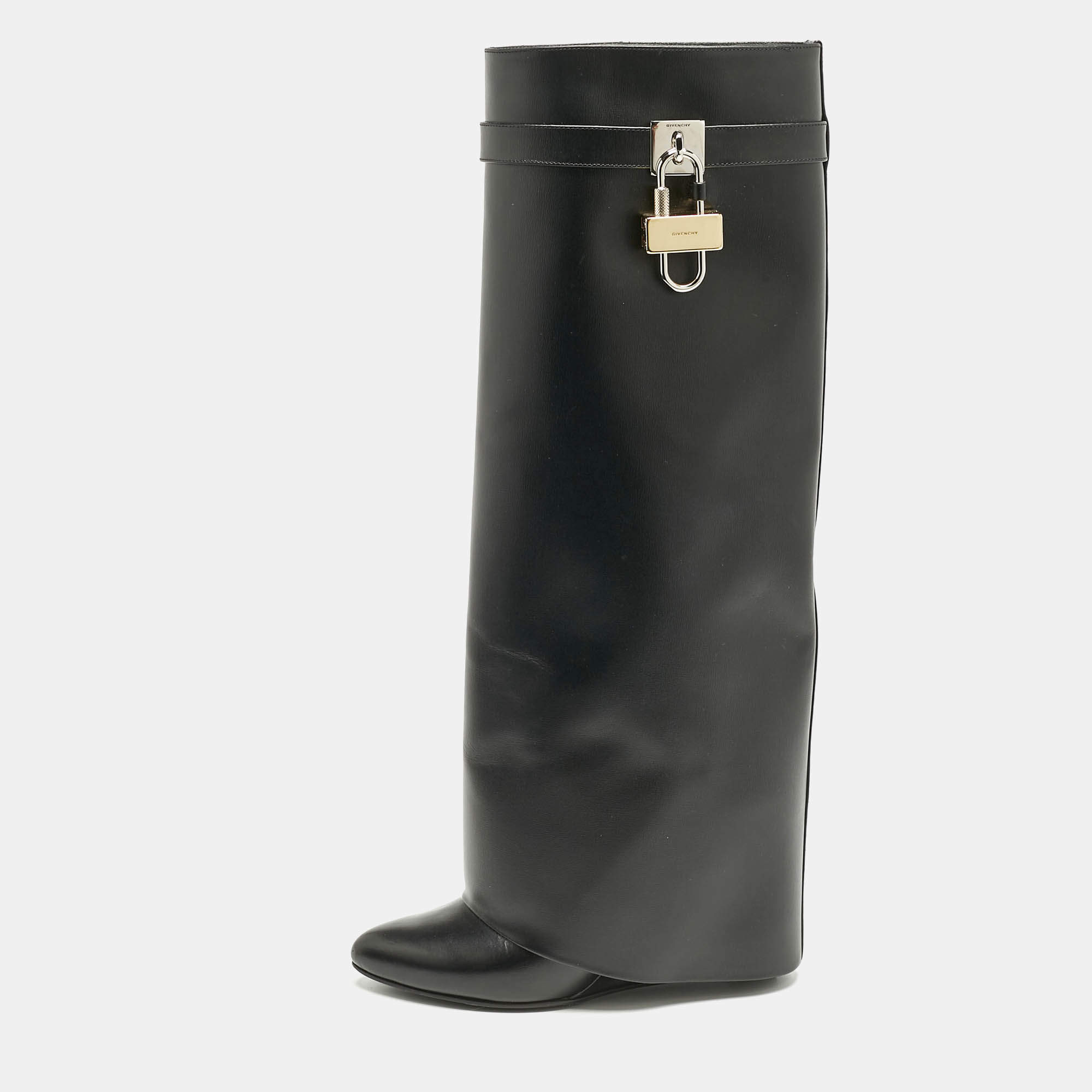 Givenchy Black Leather Shark Lock Wedge Knee High Boots Size 39