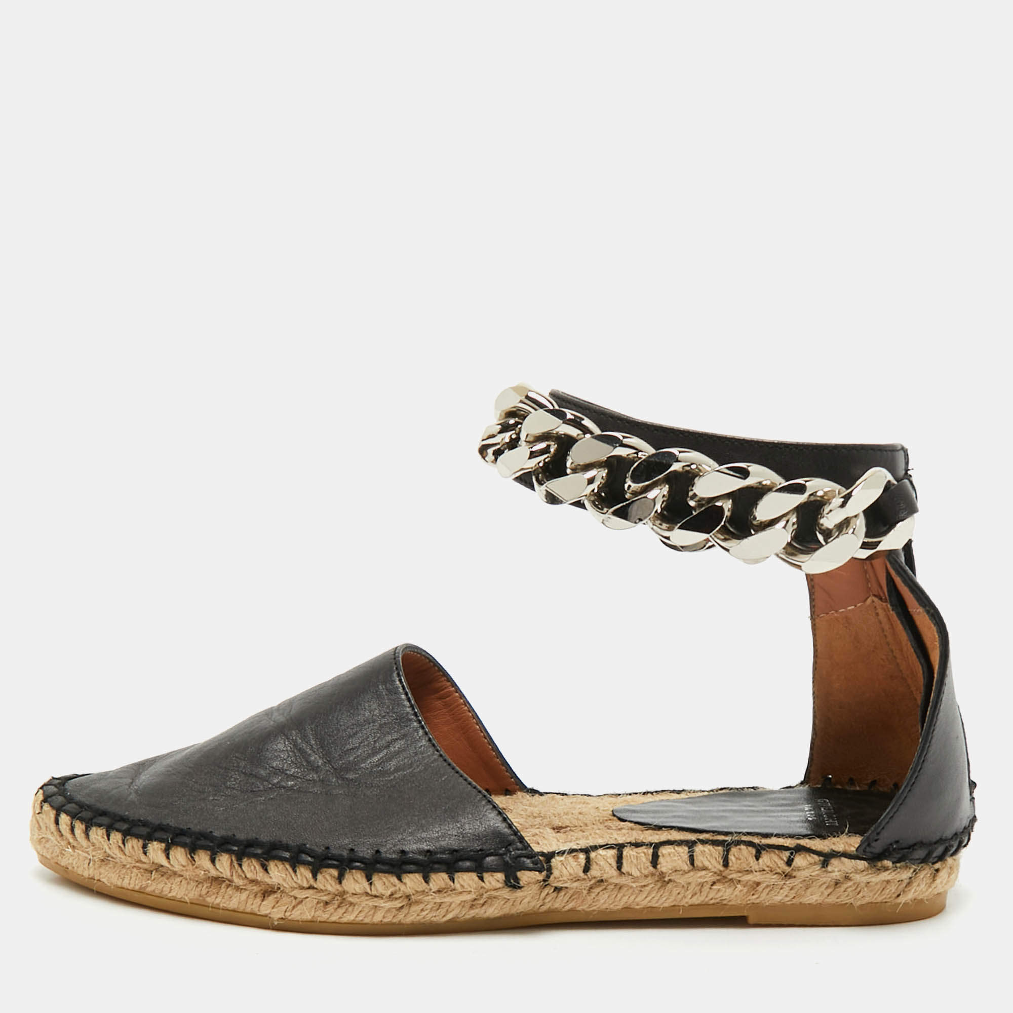 Givenchy Black Leather Chain Ankle Strap Espadrille Flats Size 36