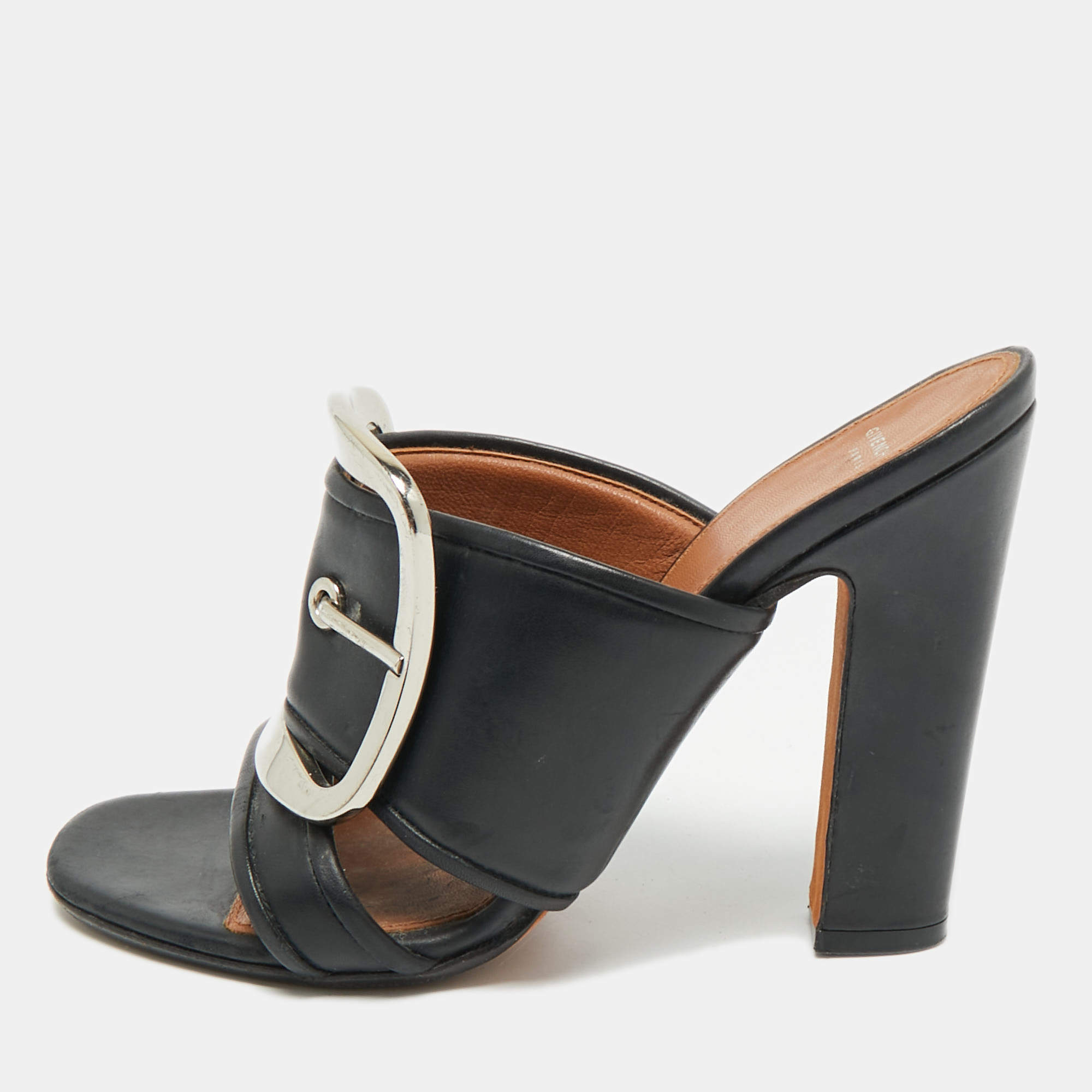 Pre Owned Givenchy Black Leather Buckle Detail Slide Sandals Size 36