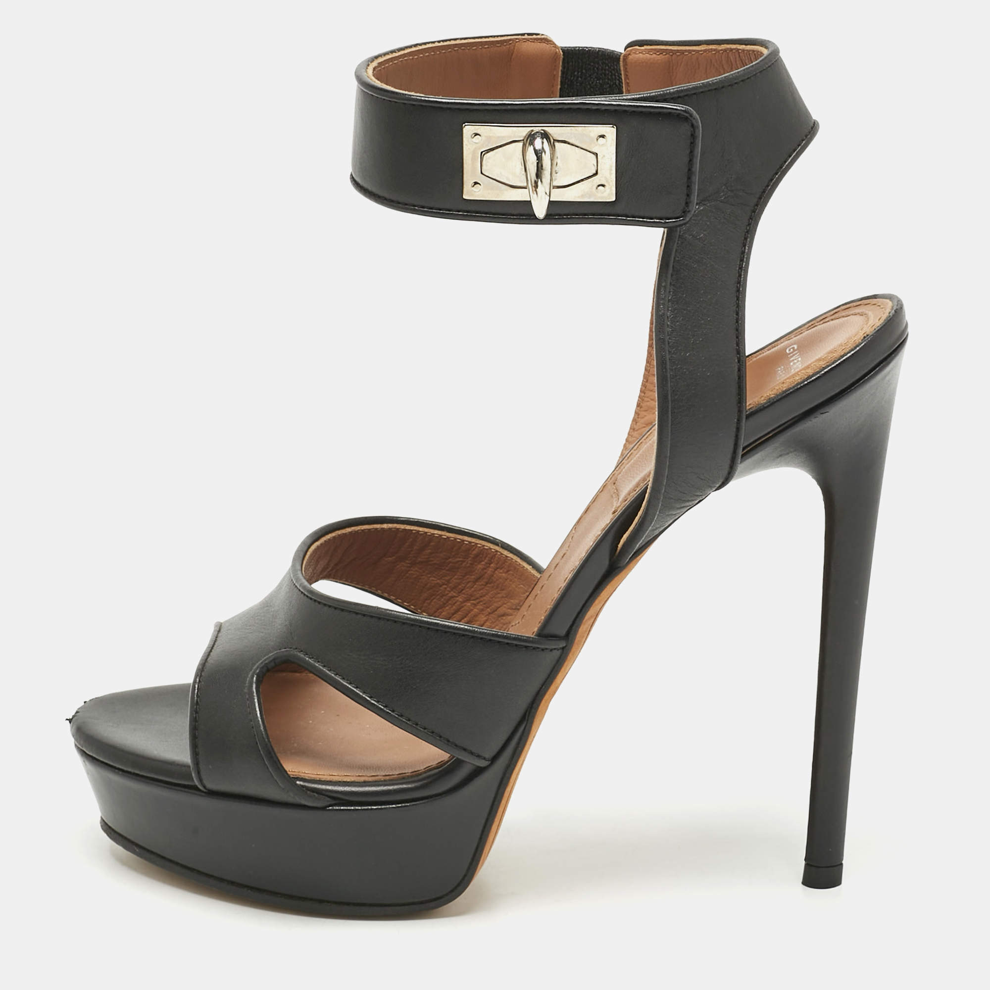 Pre Owned Givenchy Black Leather Shark Tooth Ankle Strap Sandals Size 38.5