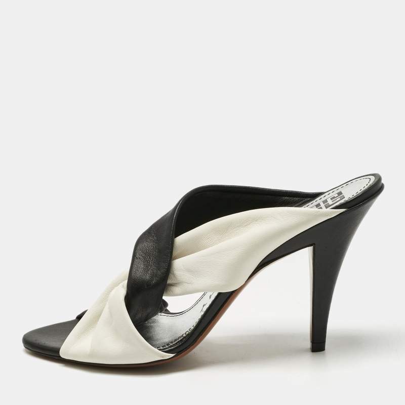 Pre Owned Givenchy Black/White Leather Crisscross Slide Sandals Size 39