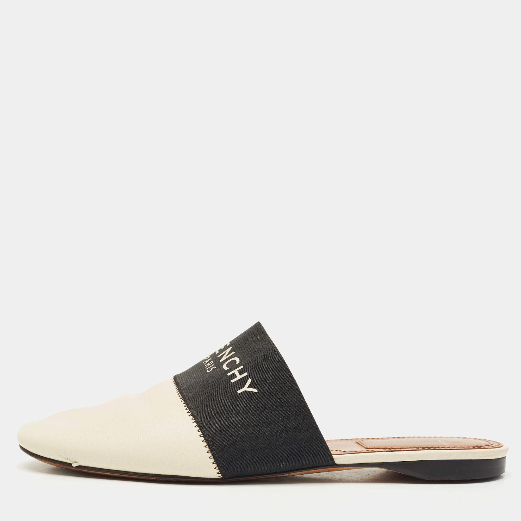 Pre Owned Givenchy Black/Cream Leather and Elastic Bedford Flat Mules Size 35